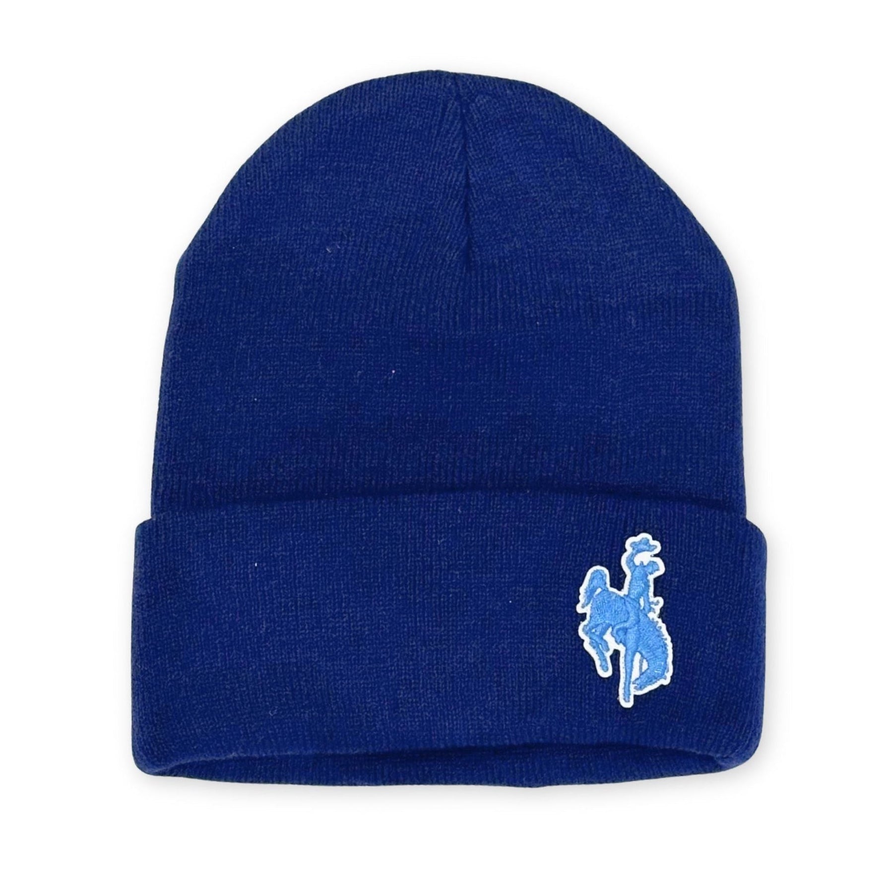 Navy blue beanie with light blue bronco patch on it.