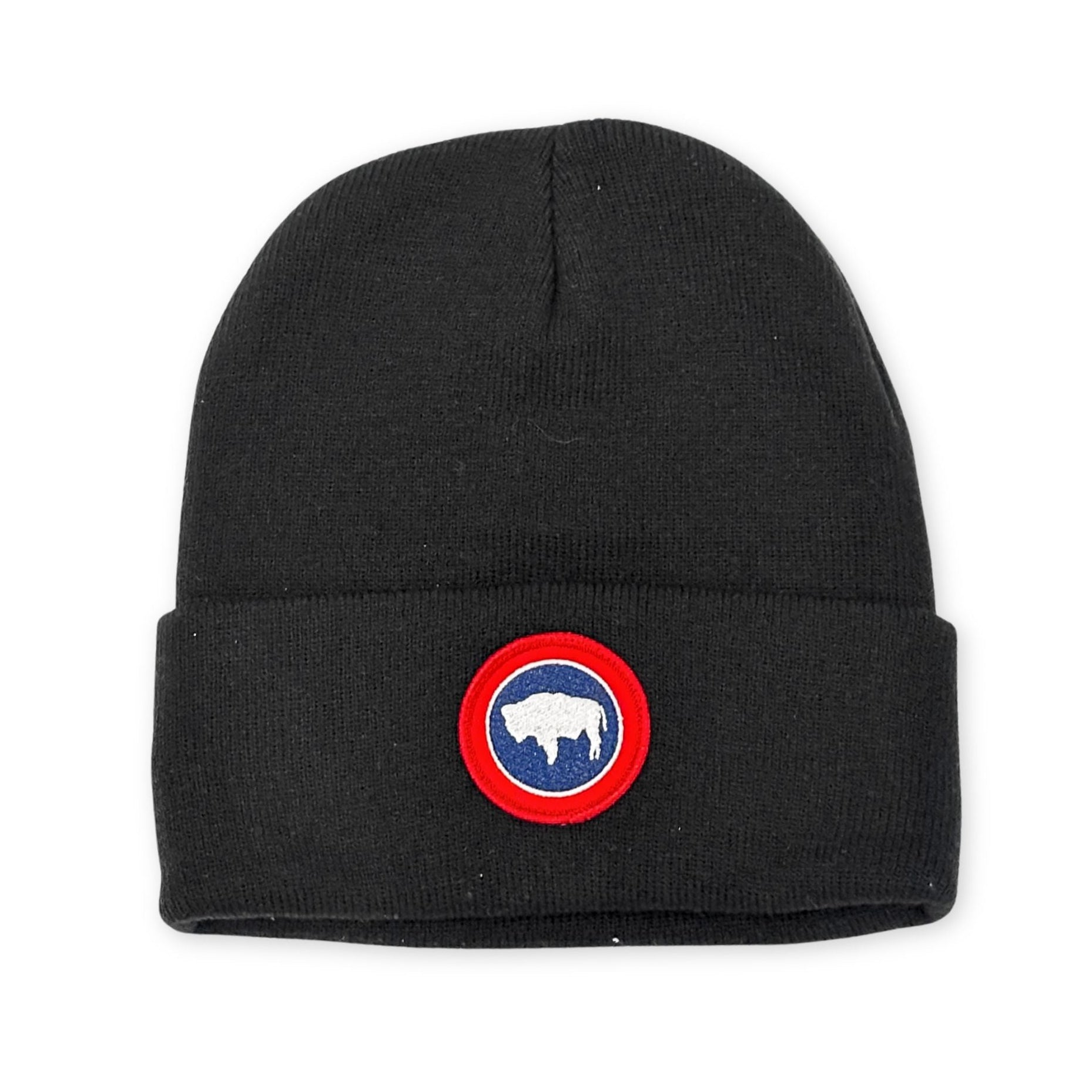 Black beanie with red, white, and blue circle Wyoming flag patch.