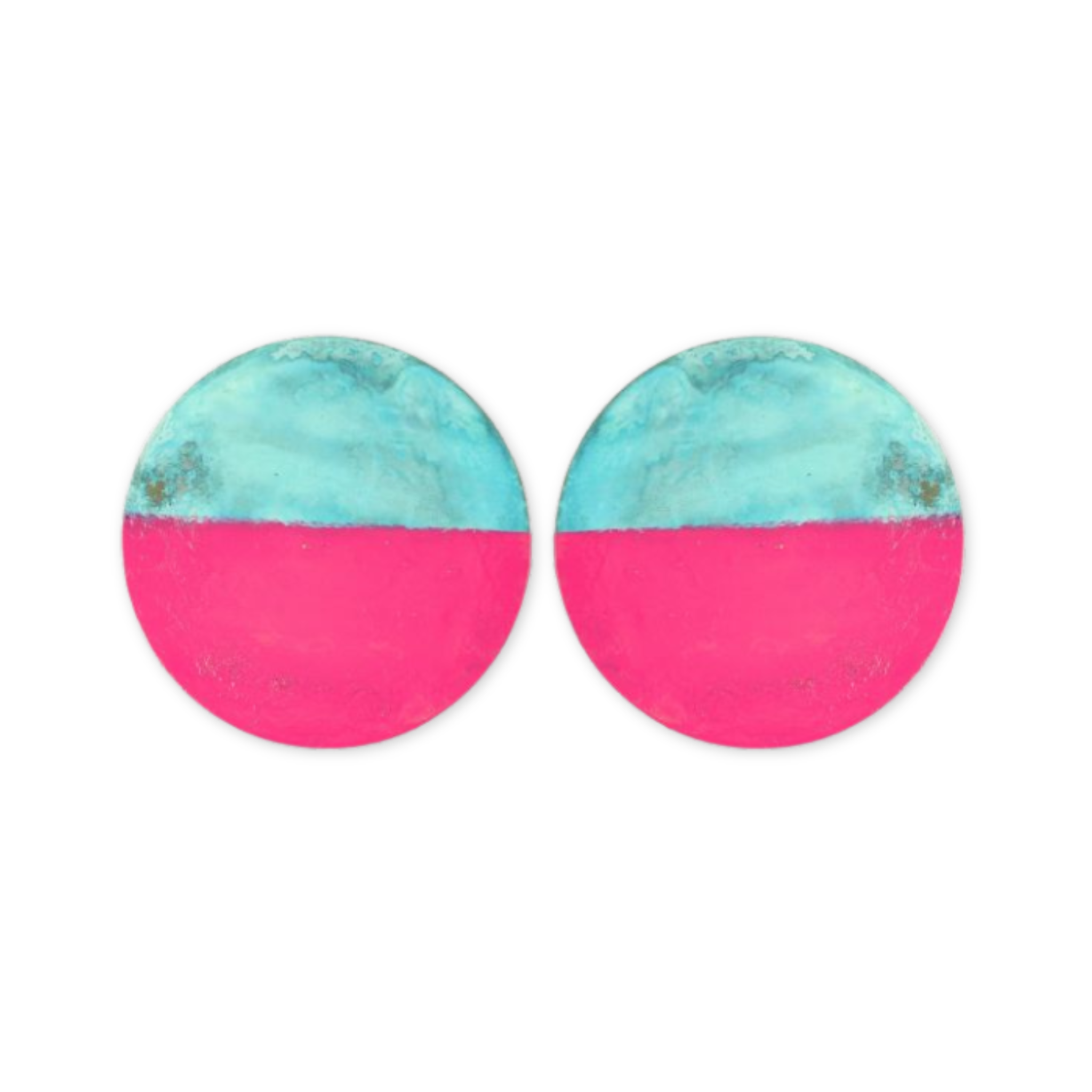 blue and hot pink hand painted brass post earrings 