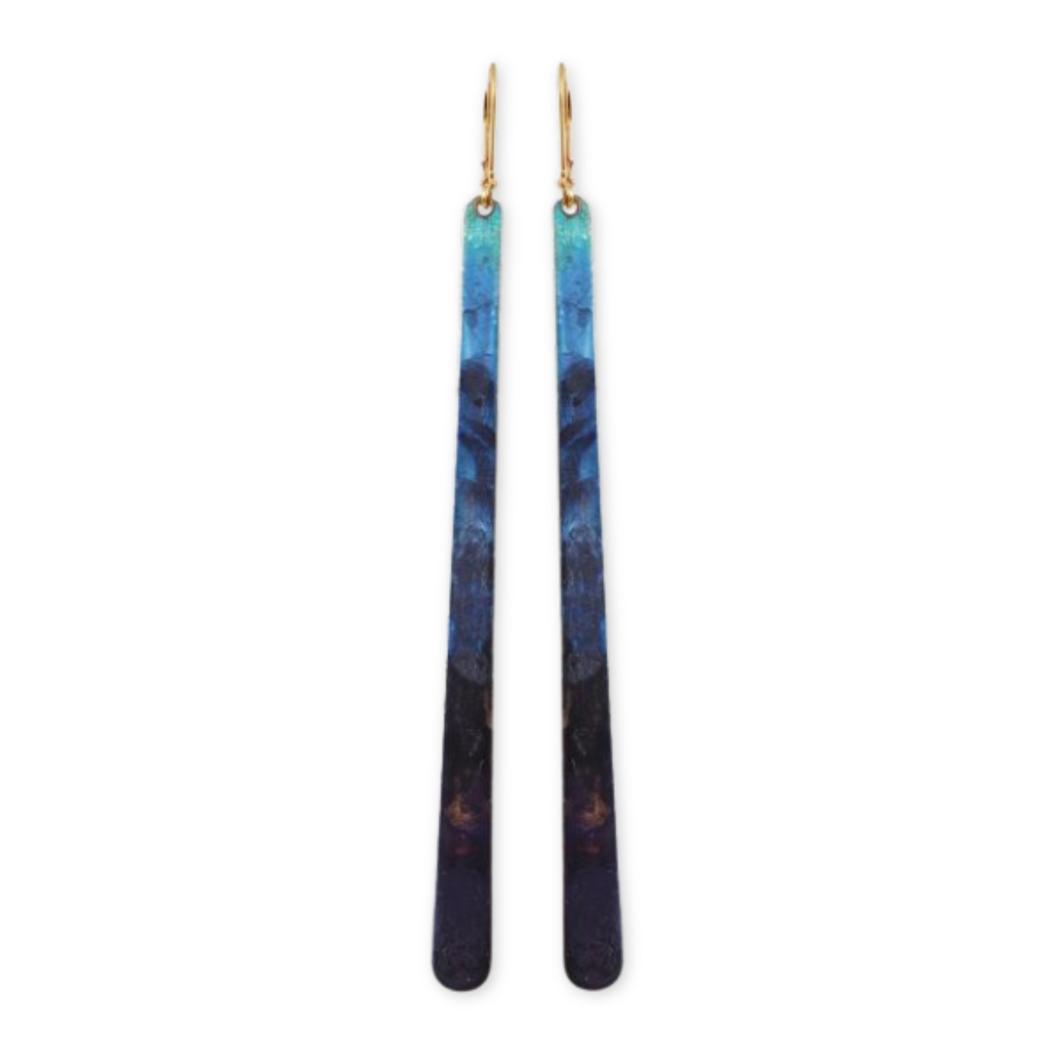 blue ombre hand painted brass earrings in the shape of an elongated tear drop