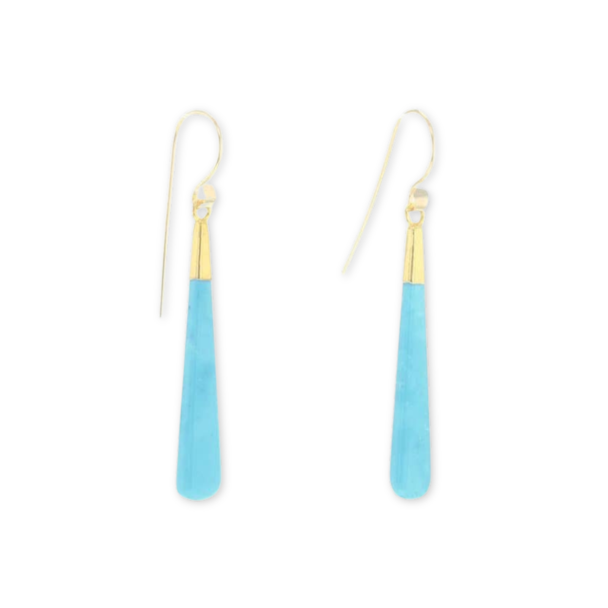 a pair of earrings with long turquoise stones 