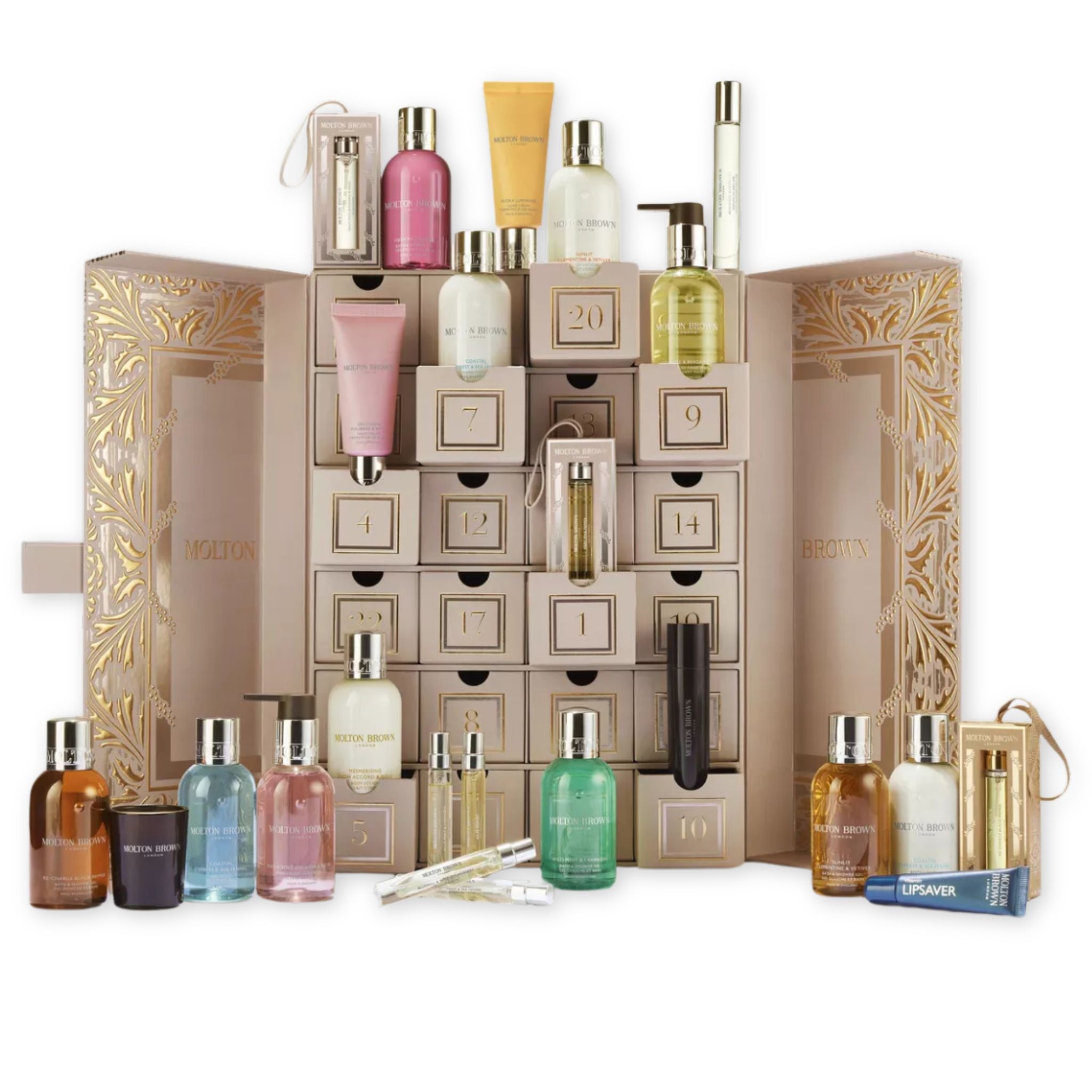 24 doors of scented opulence. This year’s Limited Edition Advent Calendar houses 24 specially curated treasures, decorated with a frame of light-catching, intricate designs and secured with an elegant Molton Brown plaque.