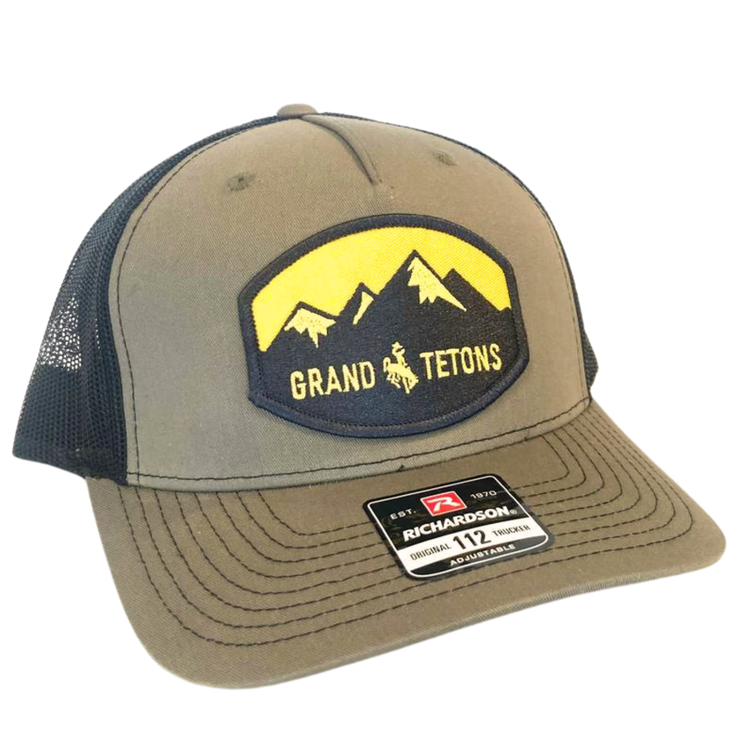 Moss Green Trucker Hat with Grand Teton yellow and brown Patch 