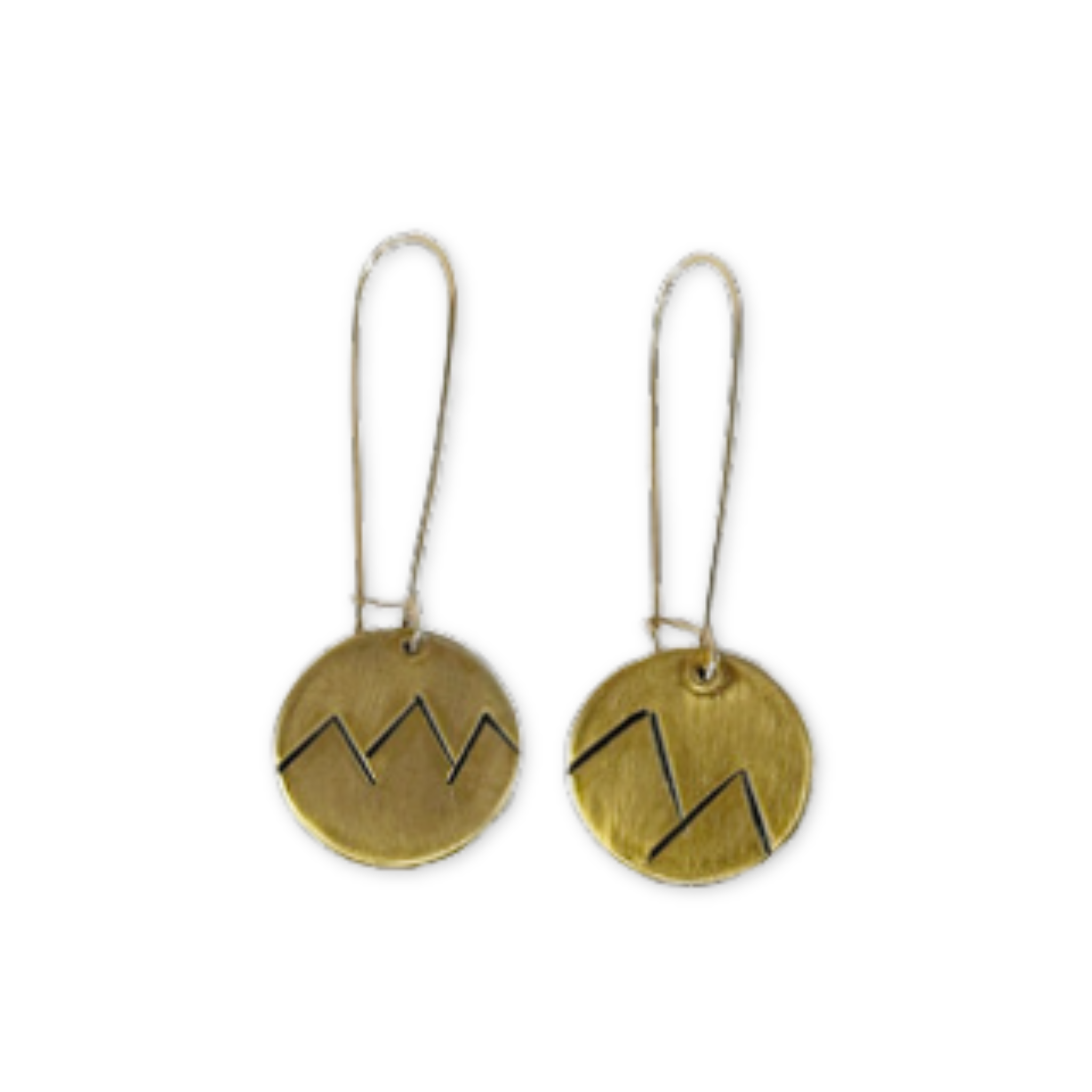 a pair of earrings with stamped mountains