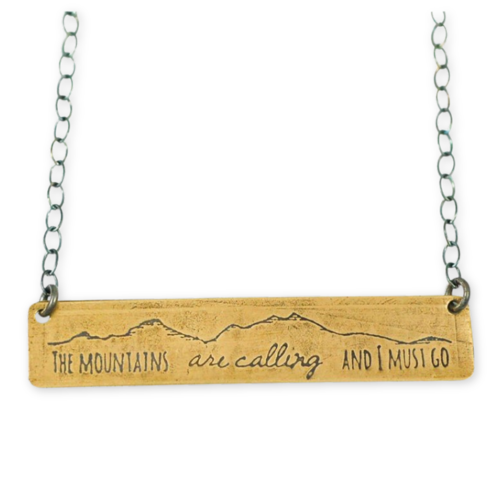 necklace with a long bar and the words the mountains are calling and I must go