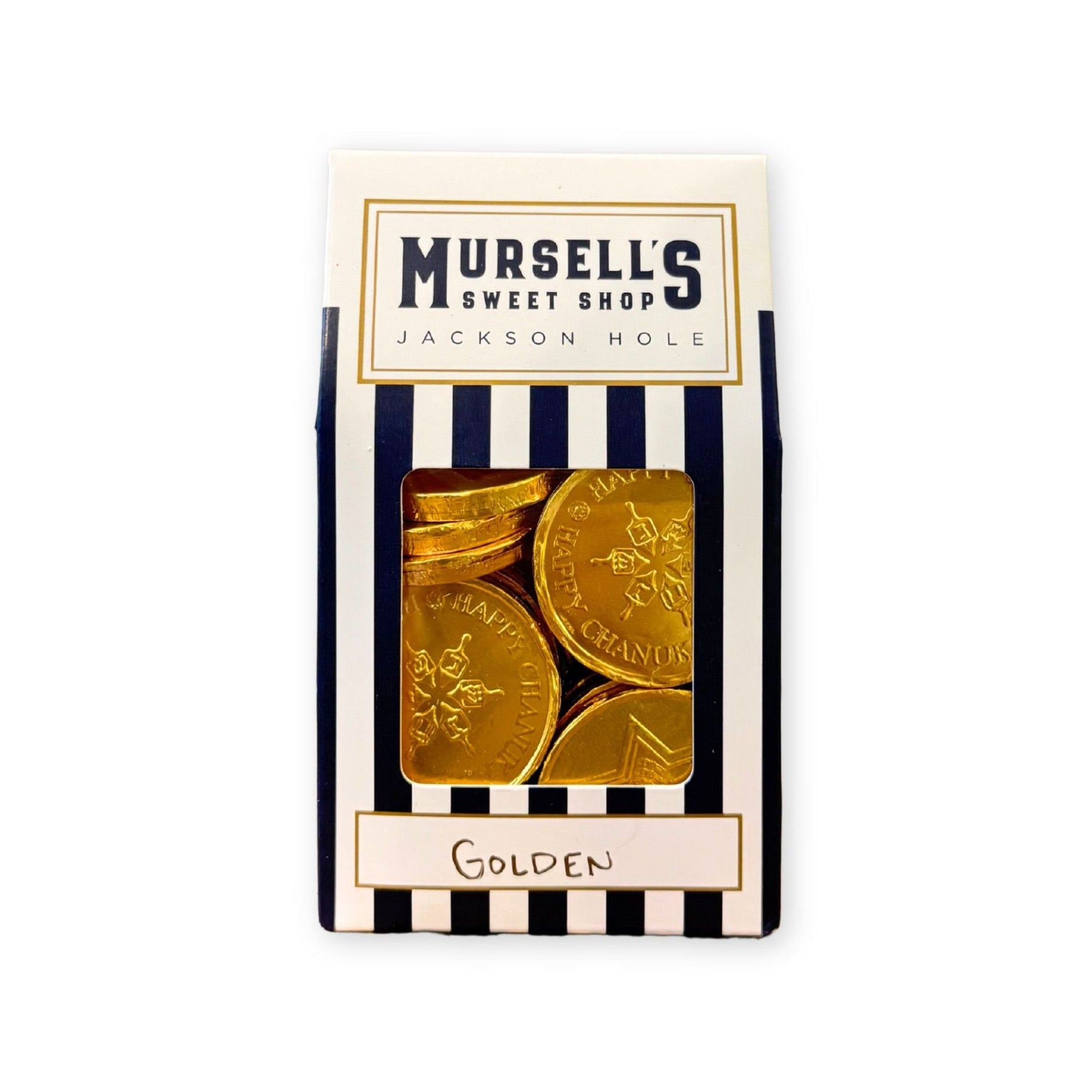 Packaged gold coins with Mursell's Sweet Shop branding on a white background