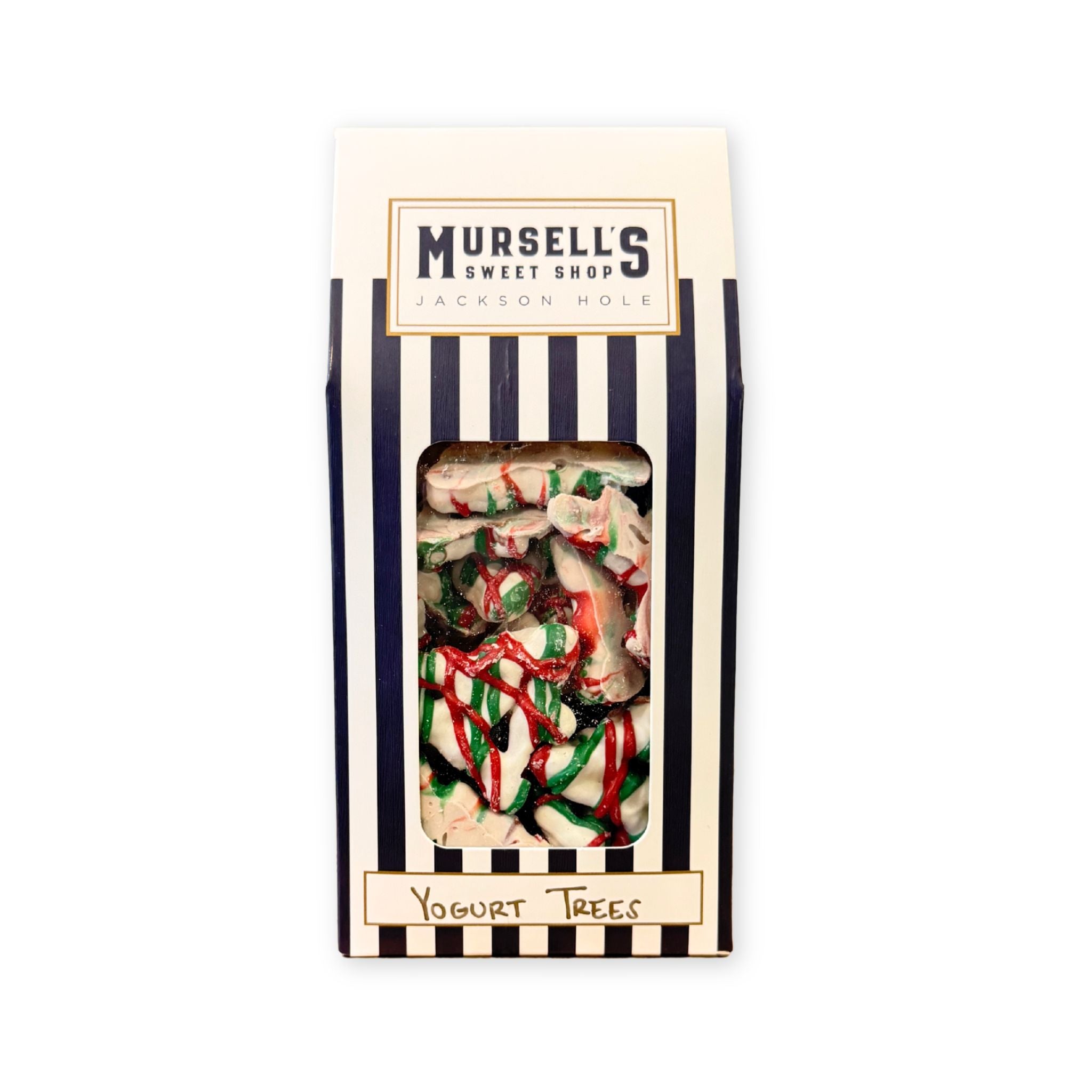 Packaged yogurt trees with Mursell's Sweet Shop branding on a striped background