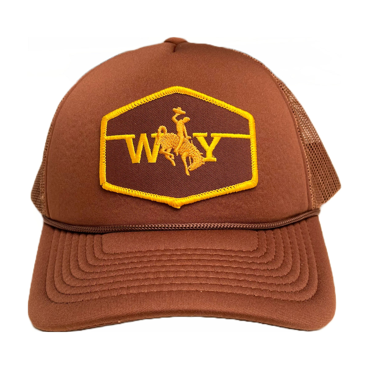 Brown Trucker Hat with Brown Mesh Back - Wyoming Bronco Patch