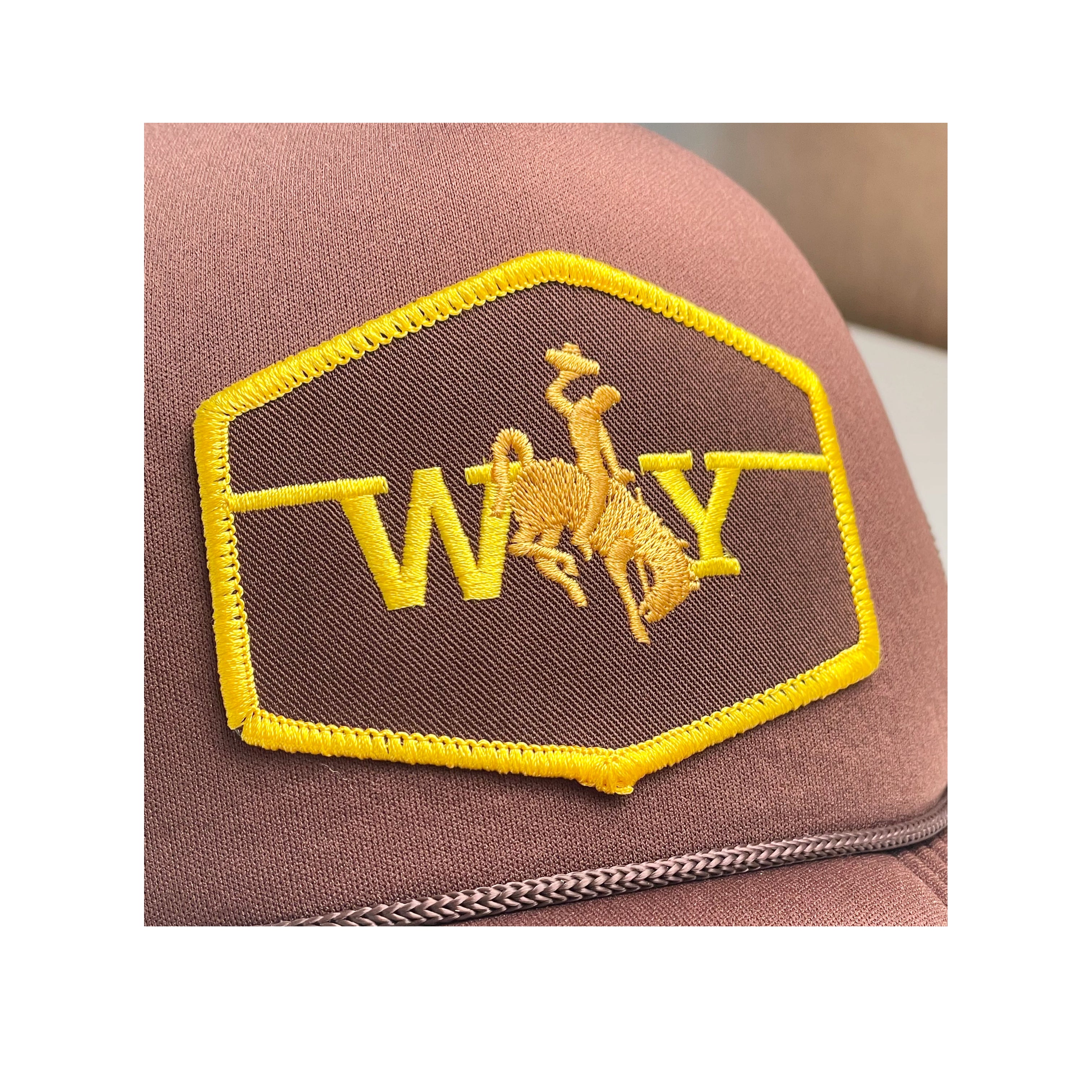 Brown Trucker Hat with Brown Mesh Back - Wyoming Bronco Patch