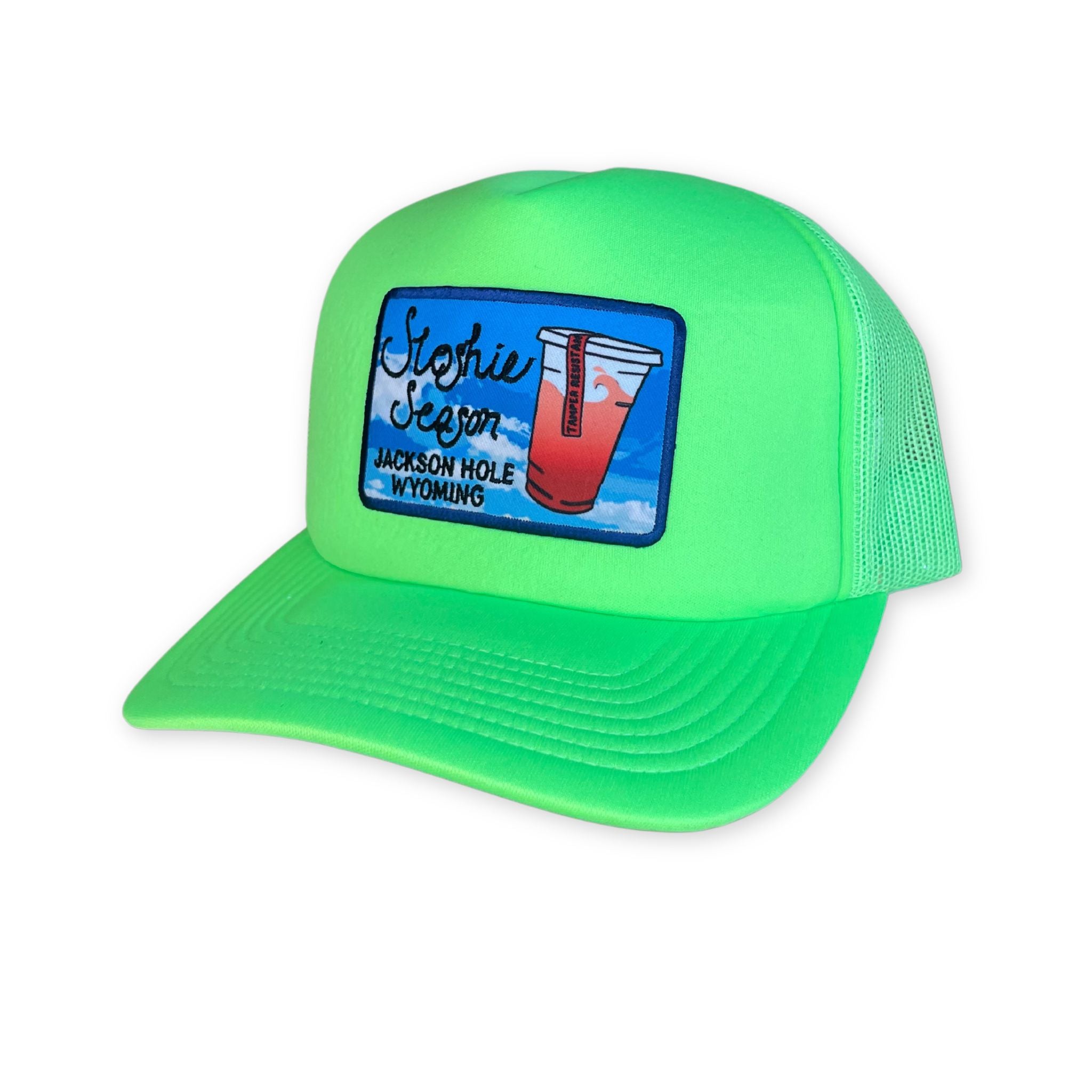 Neon Green hat with a patch on the front