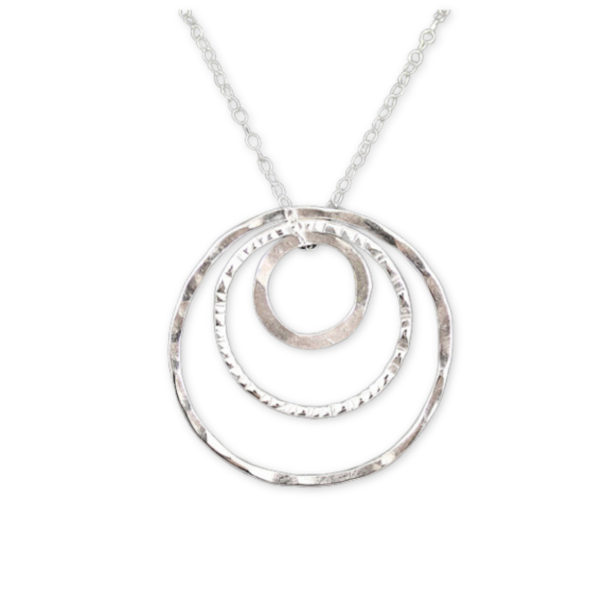 silver necklace with three different sized hammered circles