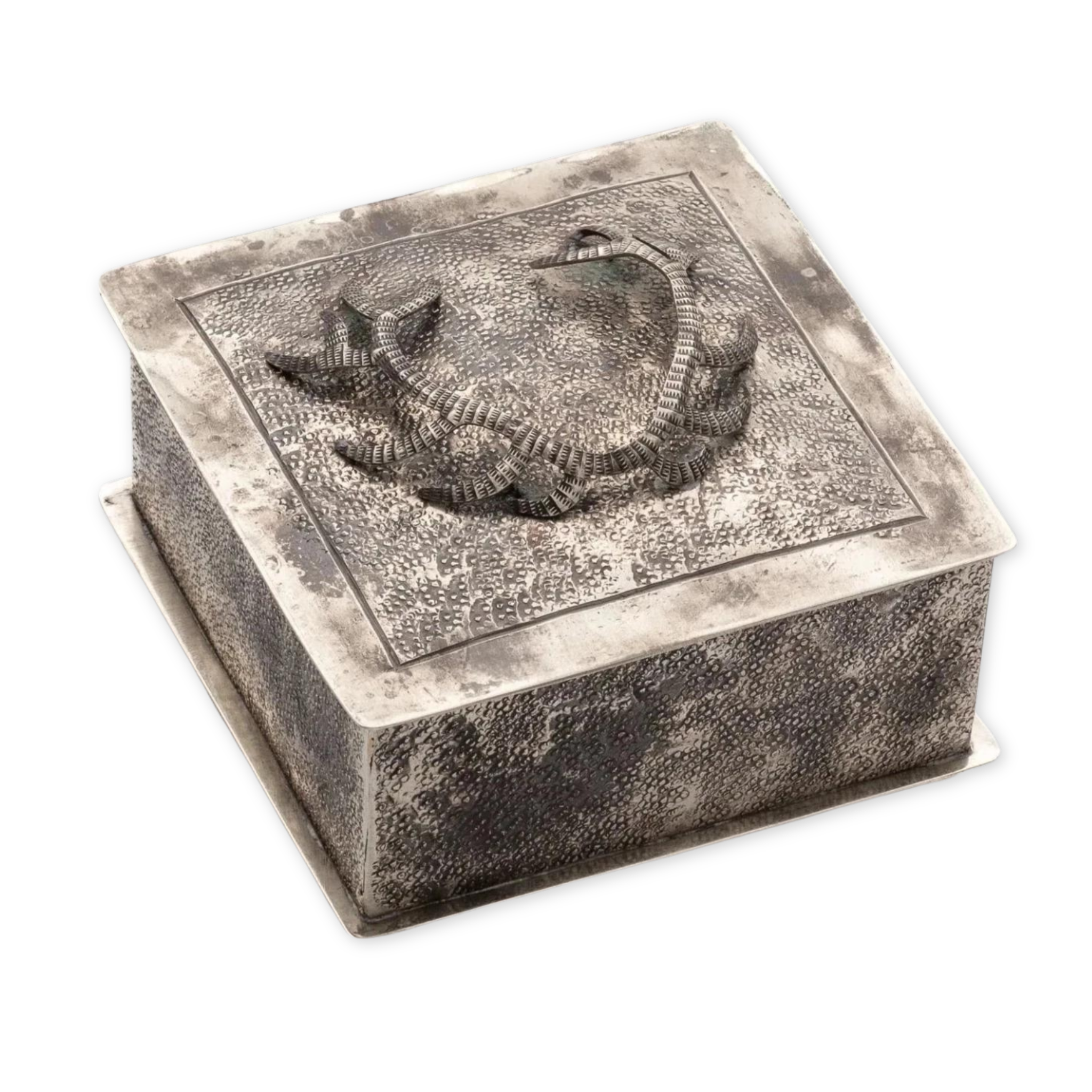 hand stamped silver square box with an antler design on top