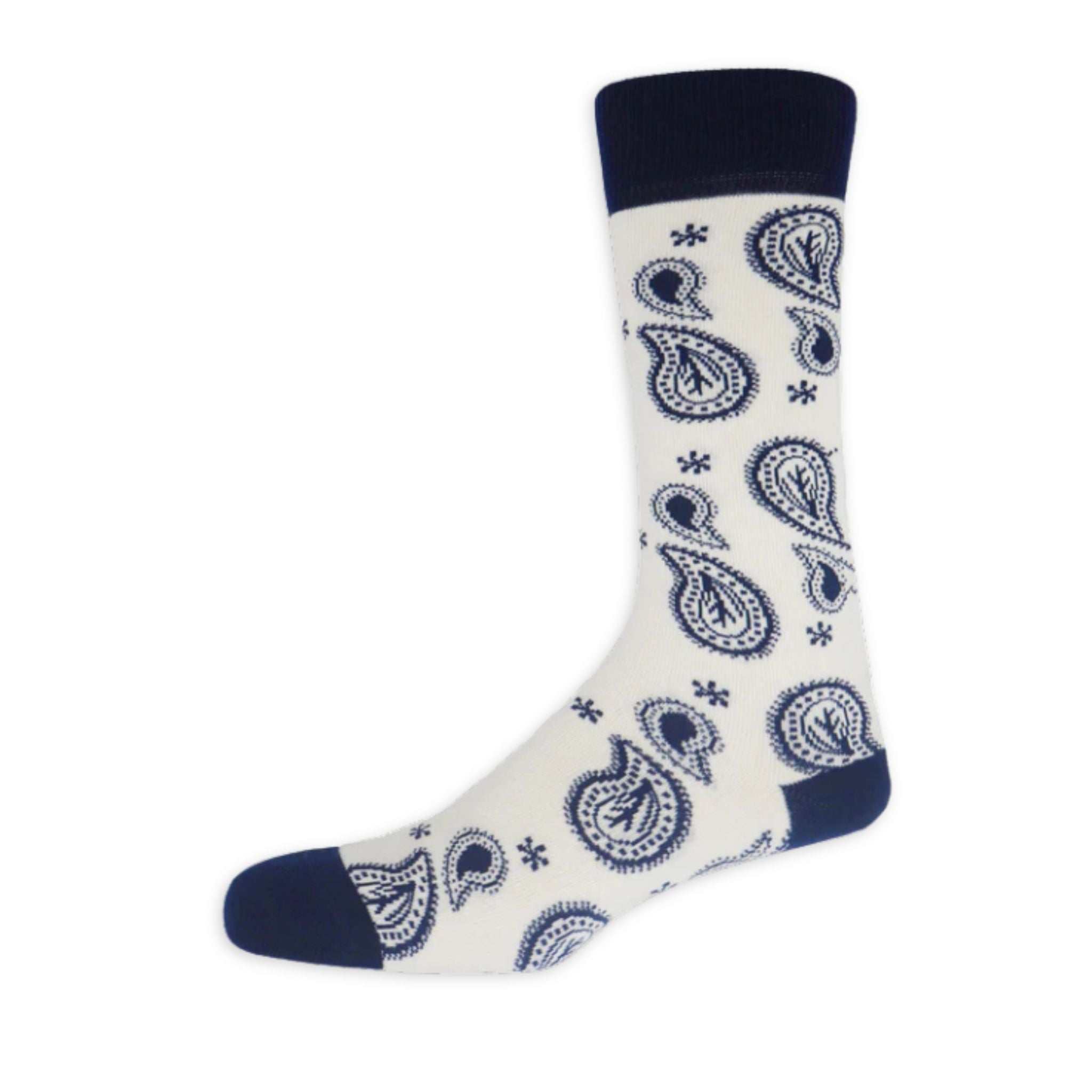 White sock with blue paisley pattern and cuffs on a white background