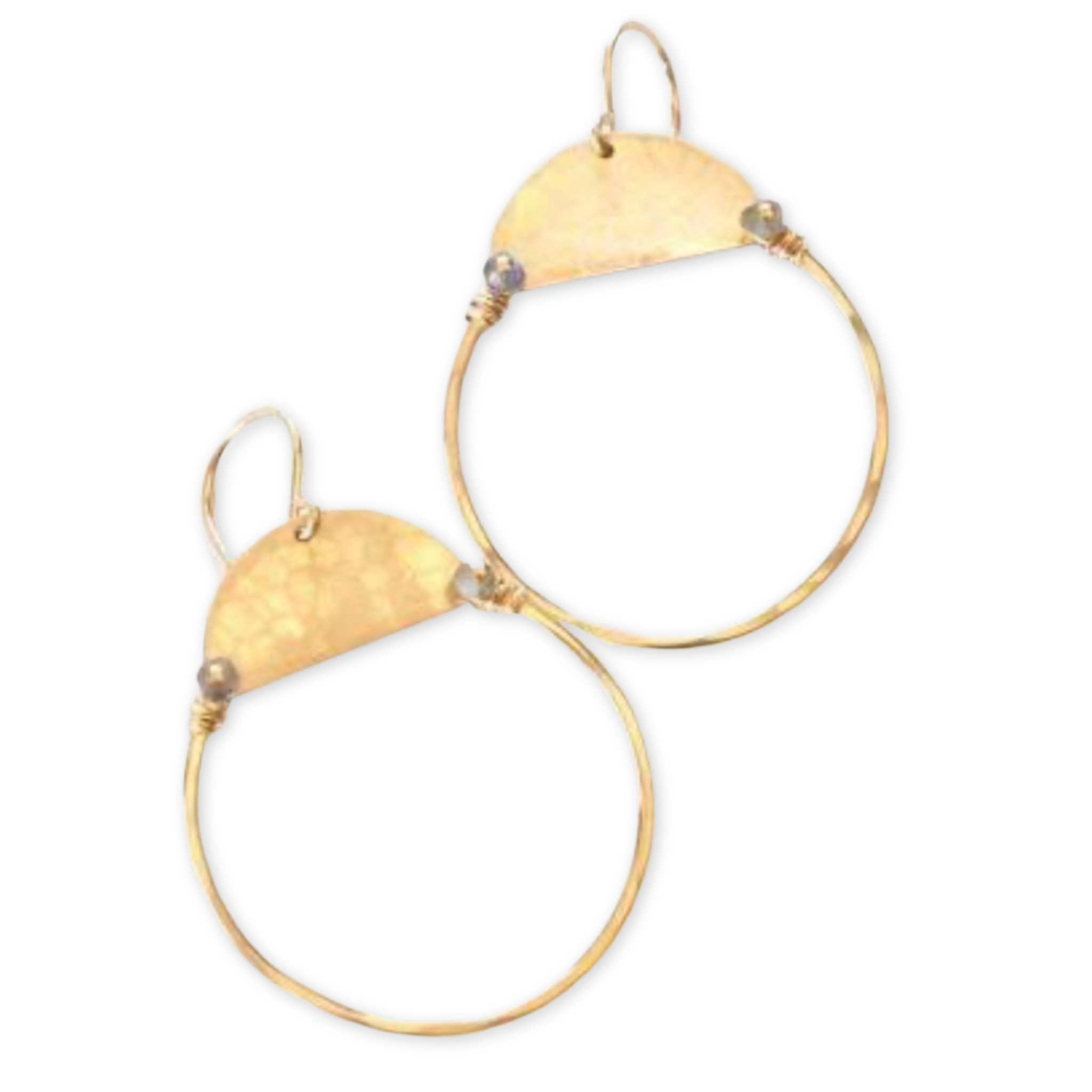 hammered half circle earrings with a hammered hoop connected by labradorite stones