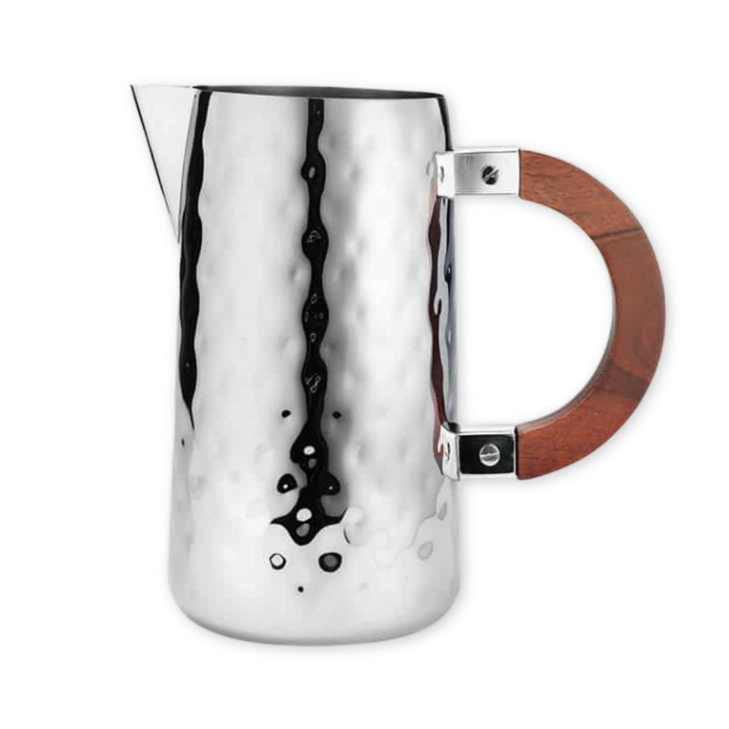 Stainless steel pitcher with a wooden handle on a white background