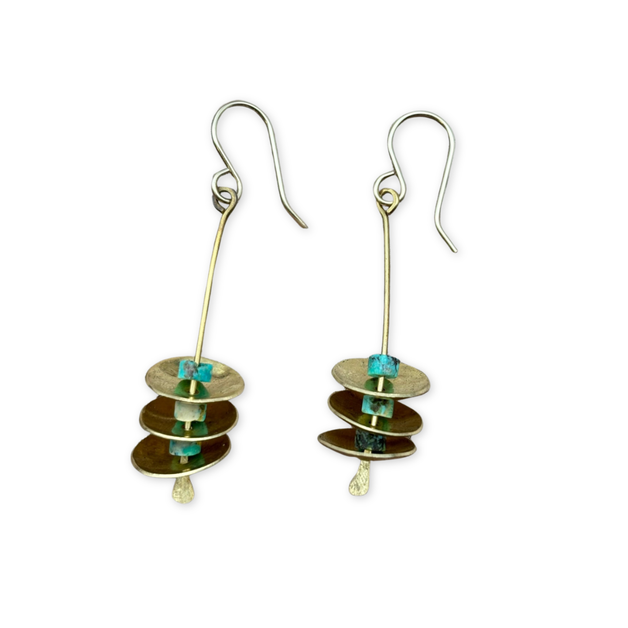 three small hammered discs separated by turquoise stones on a long dangling ear wire