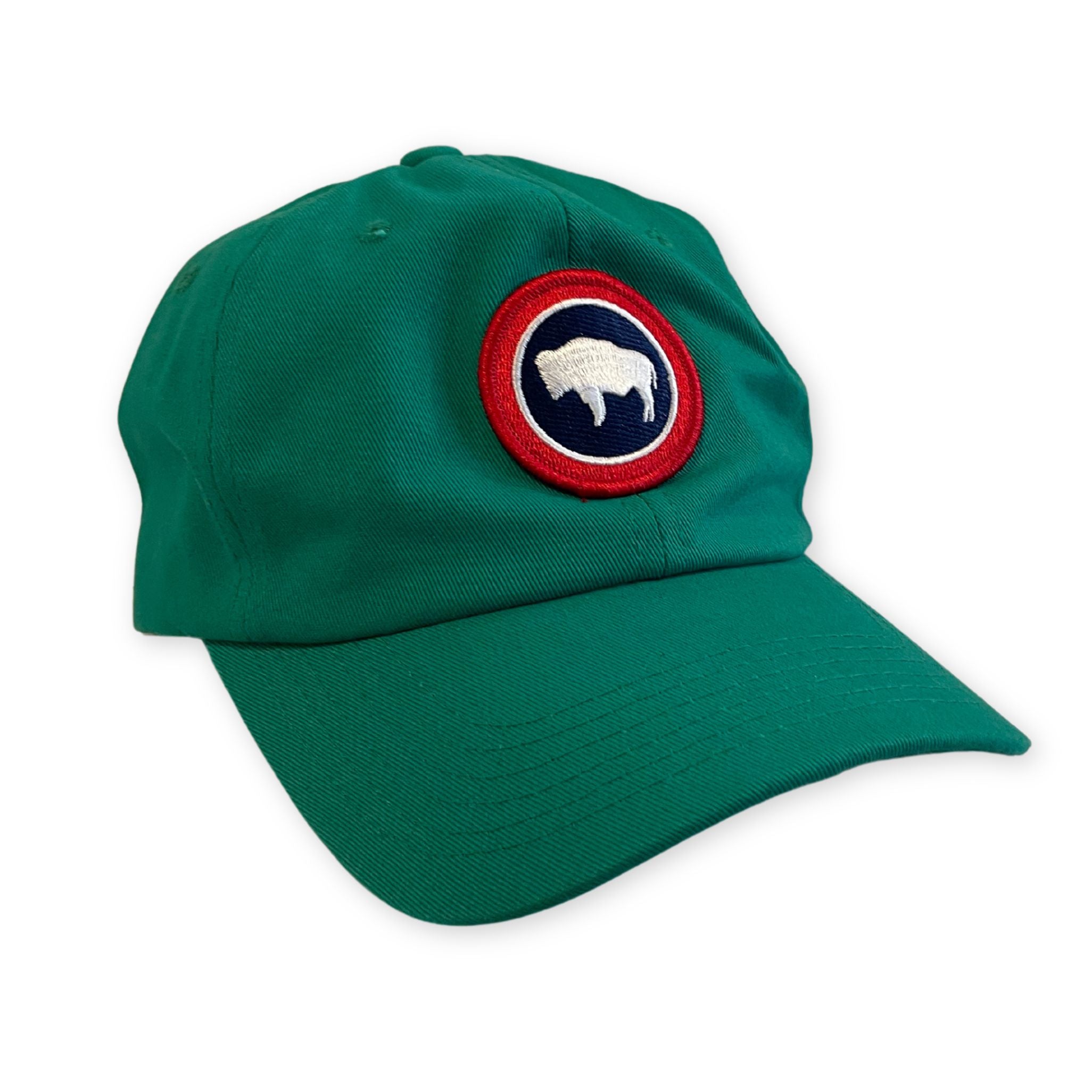 Kelly Green Hat with a round Wyoming Buffalo Patch in red blue and white 