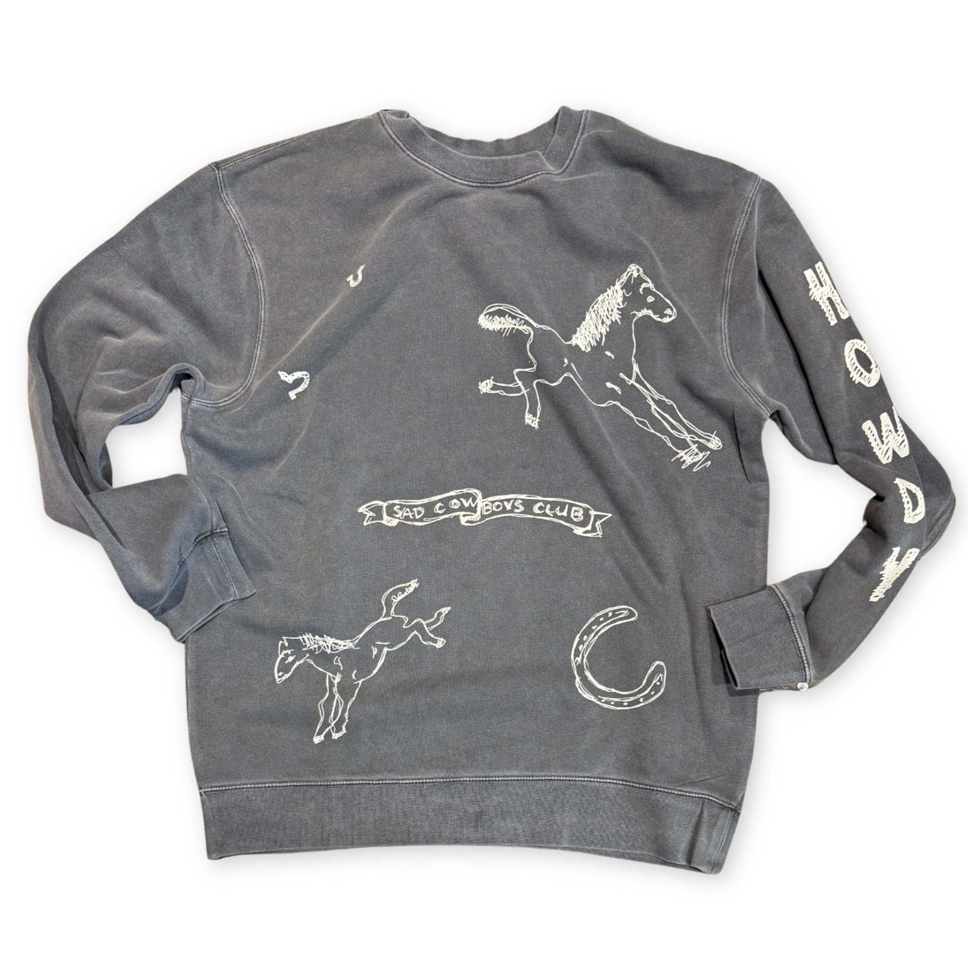 Gray sweatshirt with white horse graphics and text on a white background