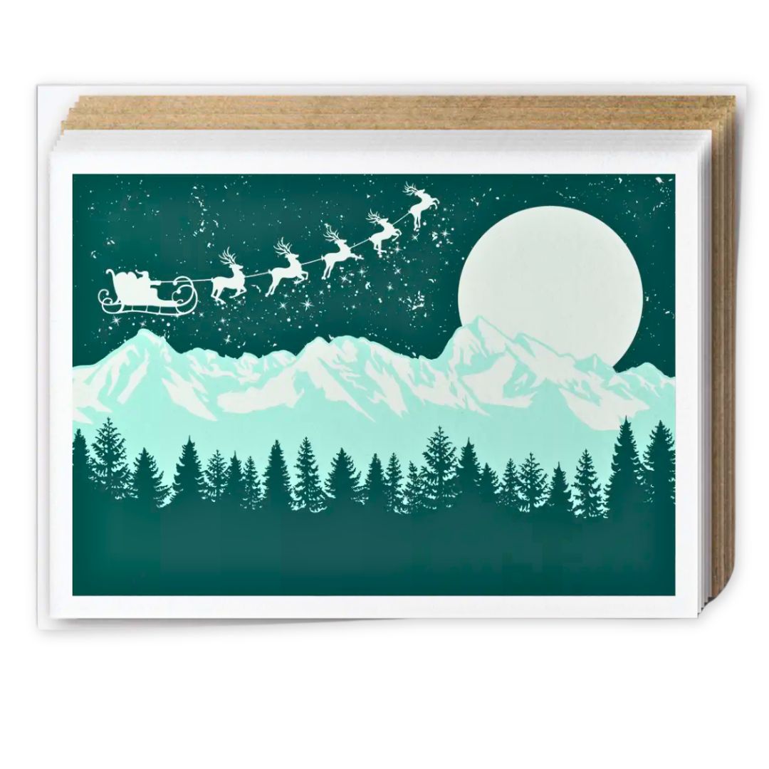 Christmas Card Set with Santa Flying Over Mountains 