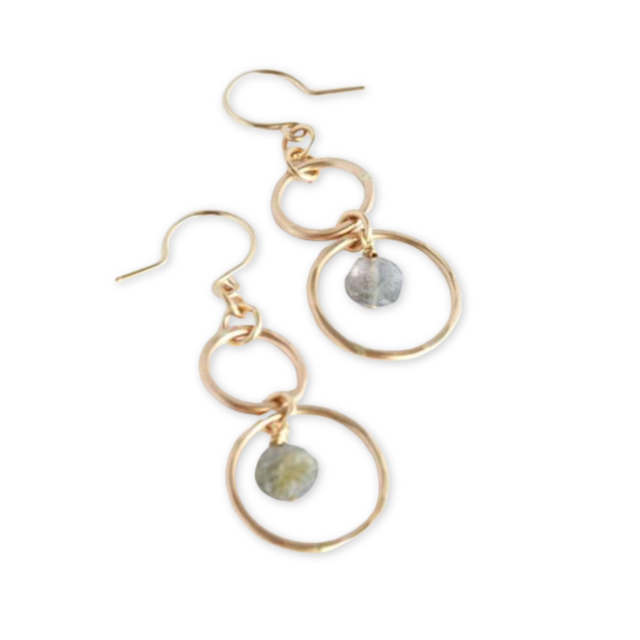 earrings featuring small hammered open circles connected in the middle with a hanging labradorite stone