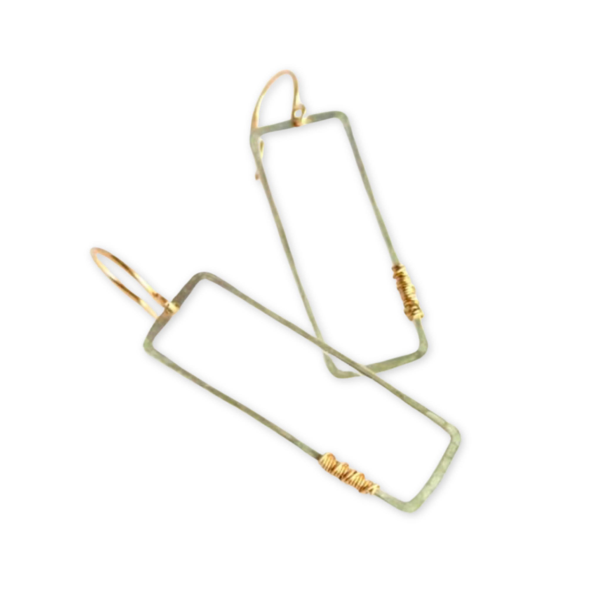 earrings with hanging hammered rectangle hoops with a small wire wrapped section