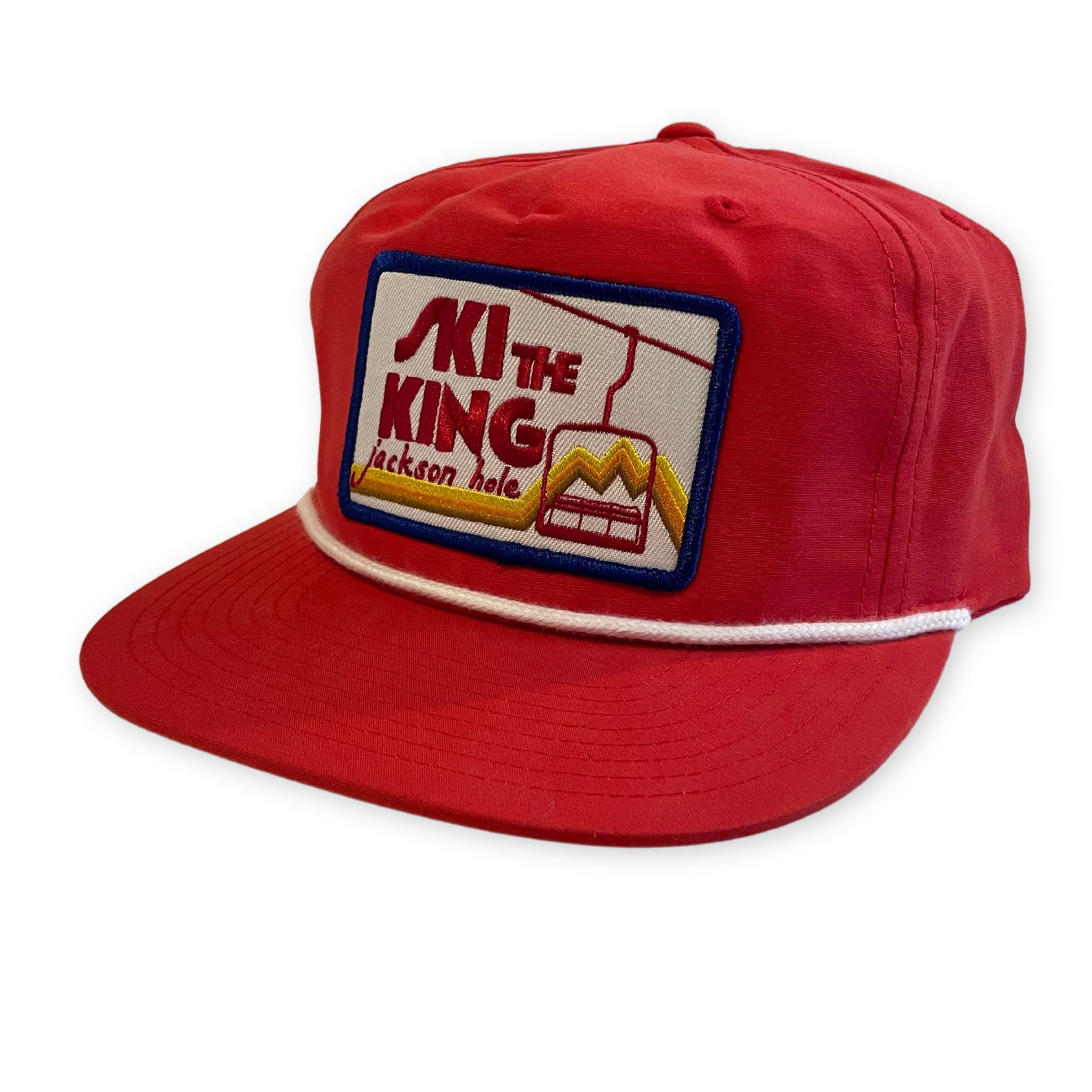 Red Flat Brim Hat with a Ski The King Jackson Hole Patch Hat 