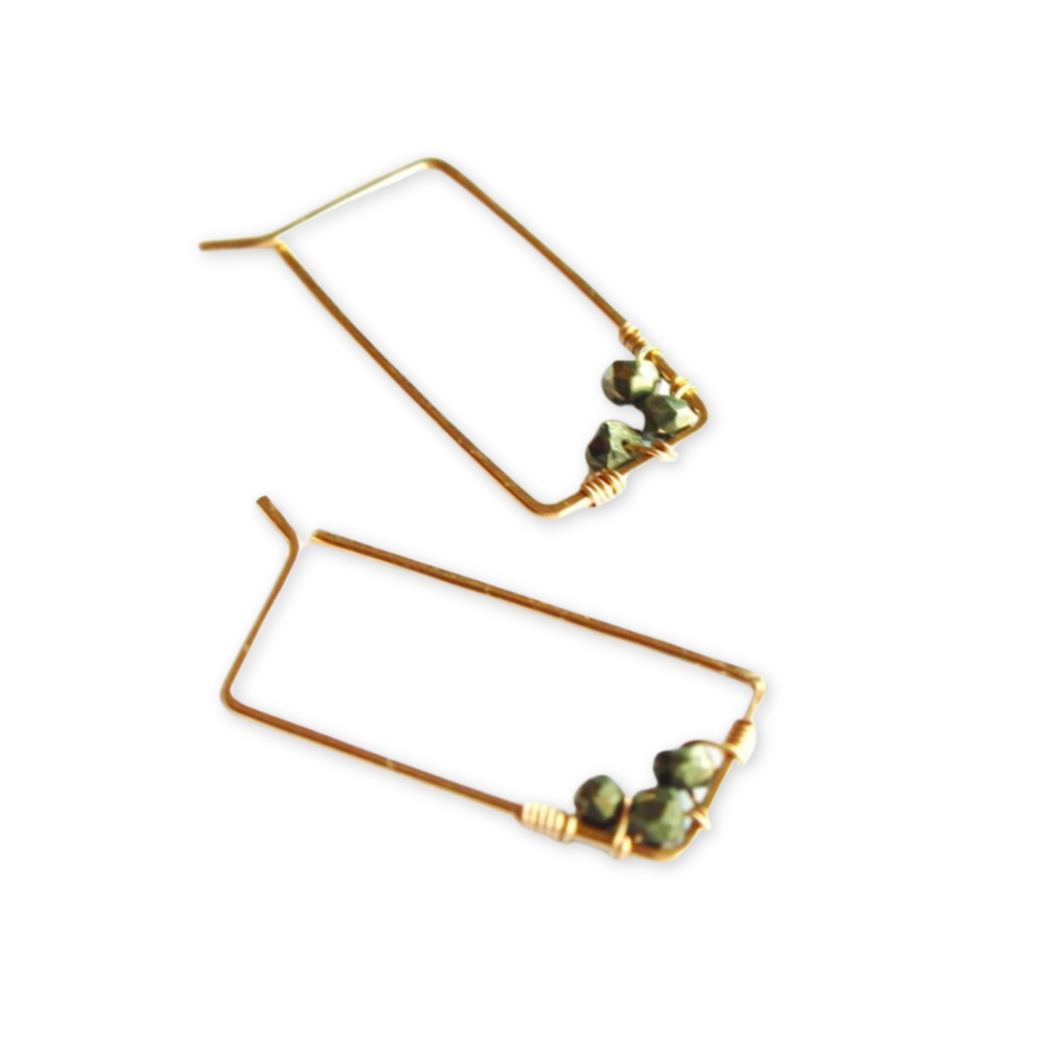 rectangular hoop earrings with three stones attached with wire