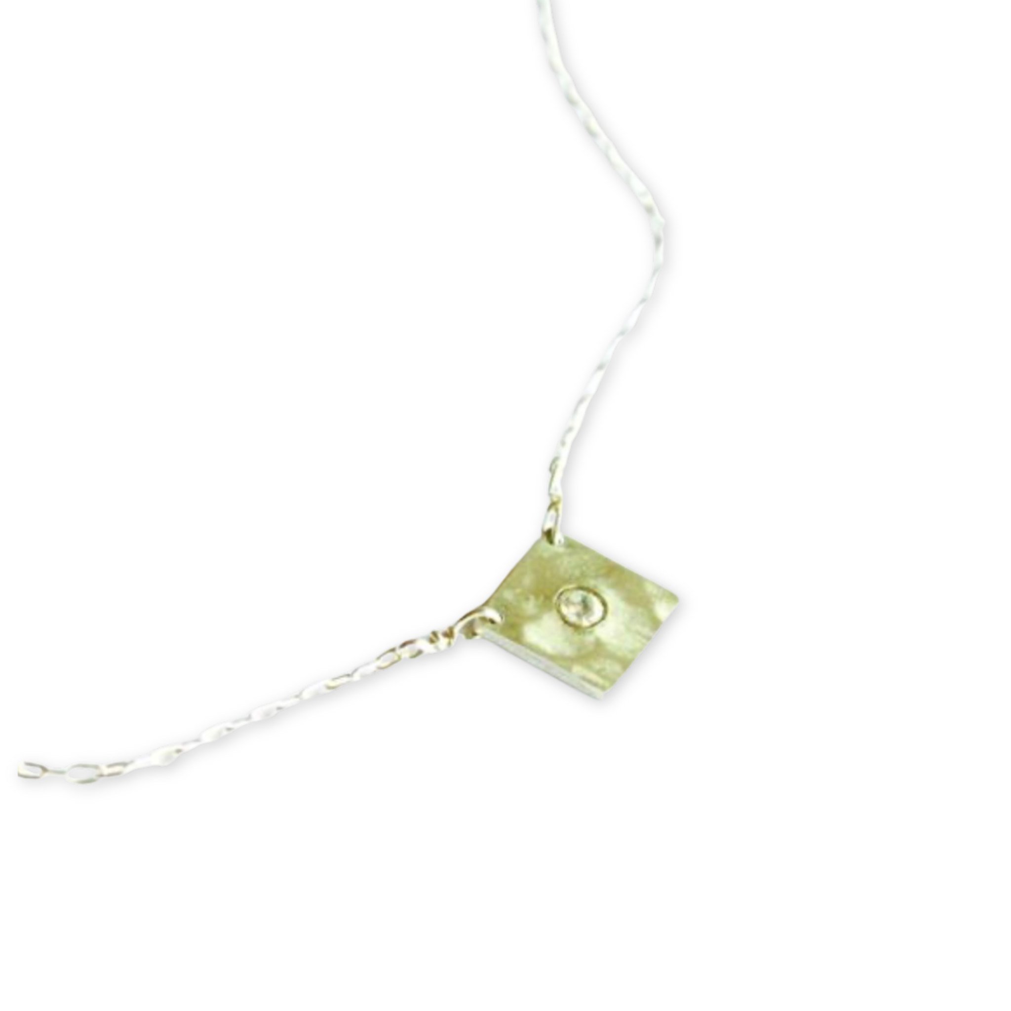 chain necklace with a small hammered square pendant featuring a swarovski cubic zirconia