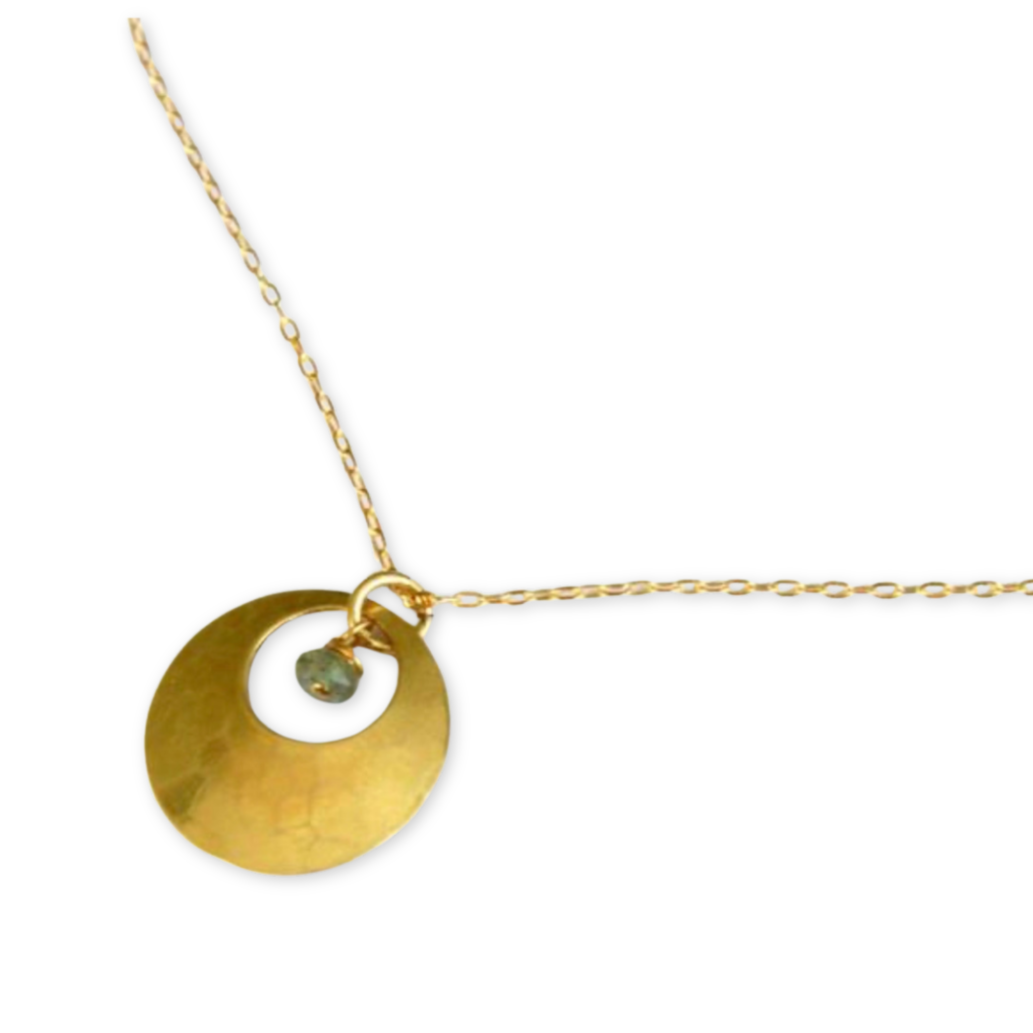 necklace with a hammered disc pendant with a cutout and a labradorite stone on a simple chain