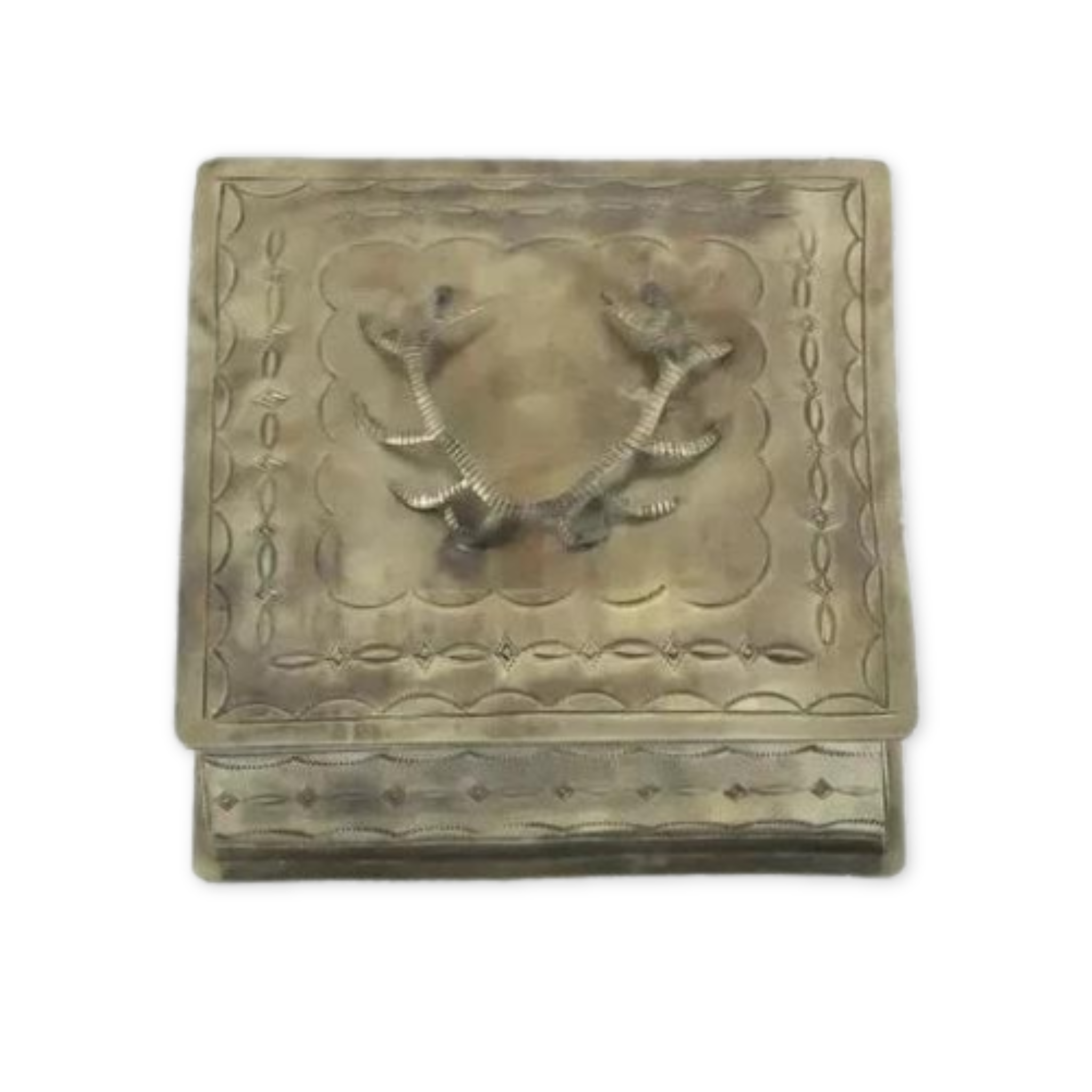 large hand stamped silver box with antlers