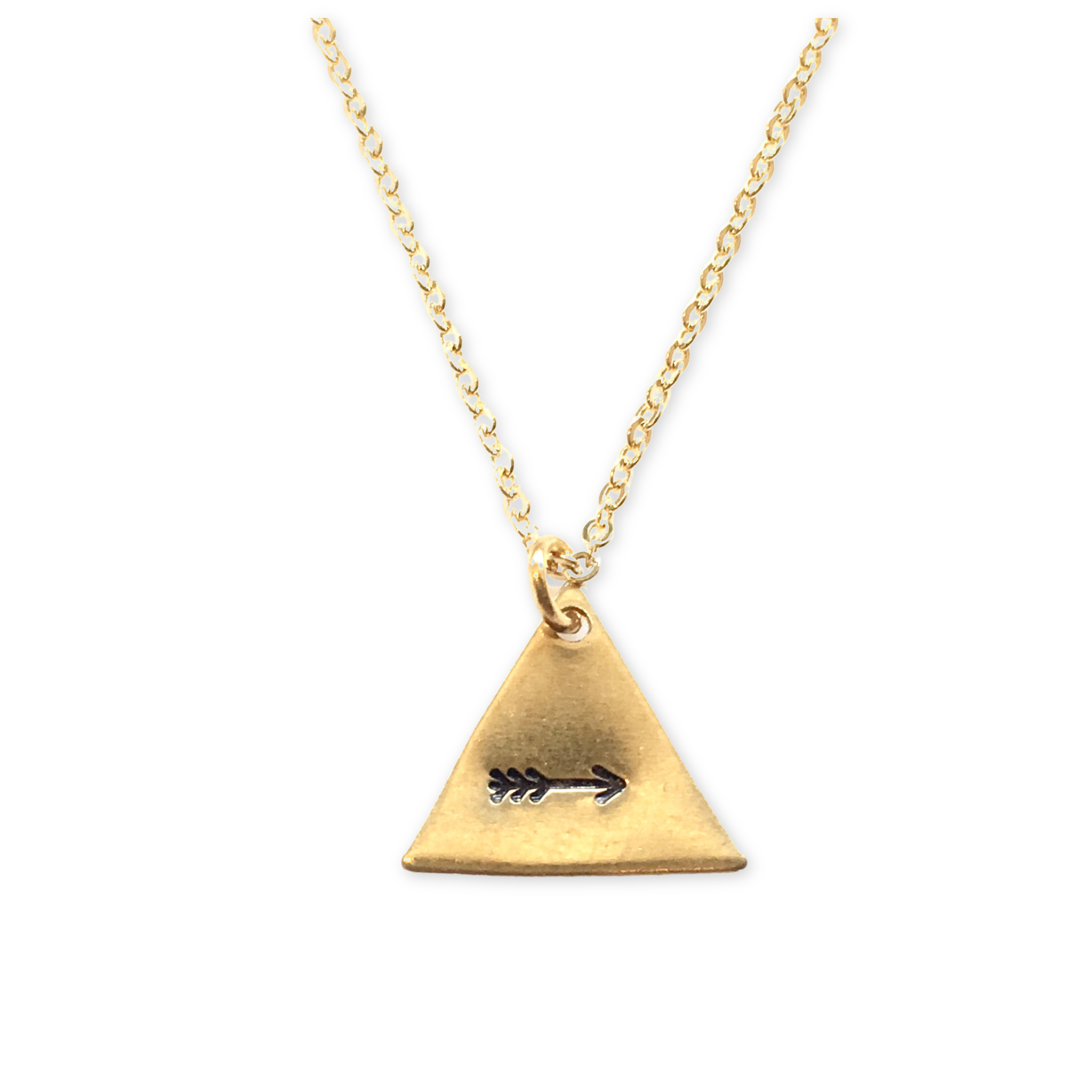 gold necklace with a triangle pendant and a stamped arrow