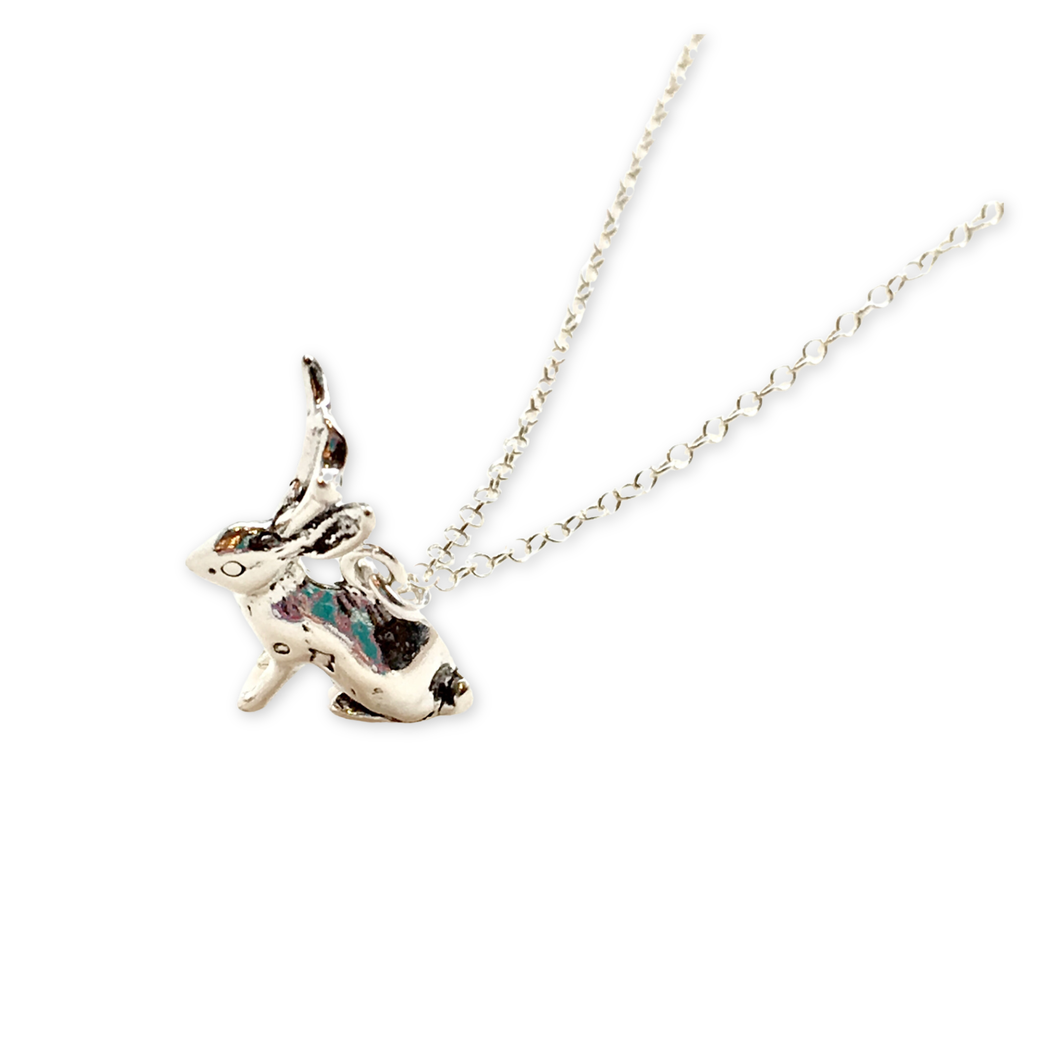 silver necklace with a jackalope pendant