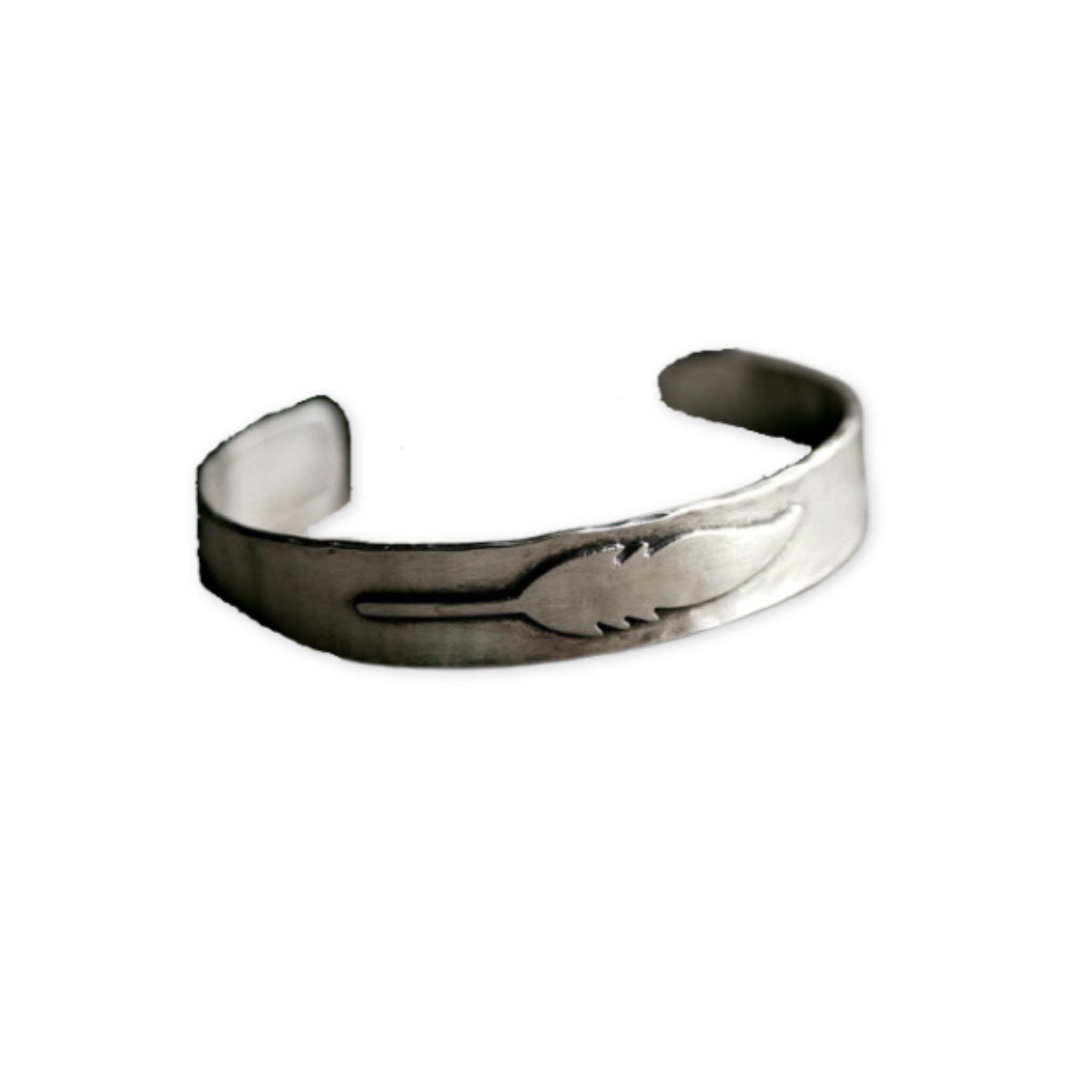 silver cuff bracelet with a feather