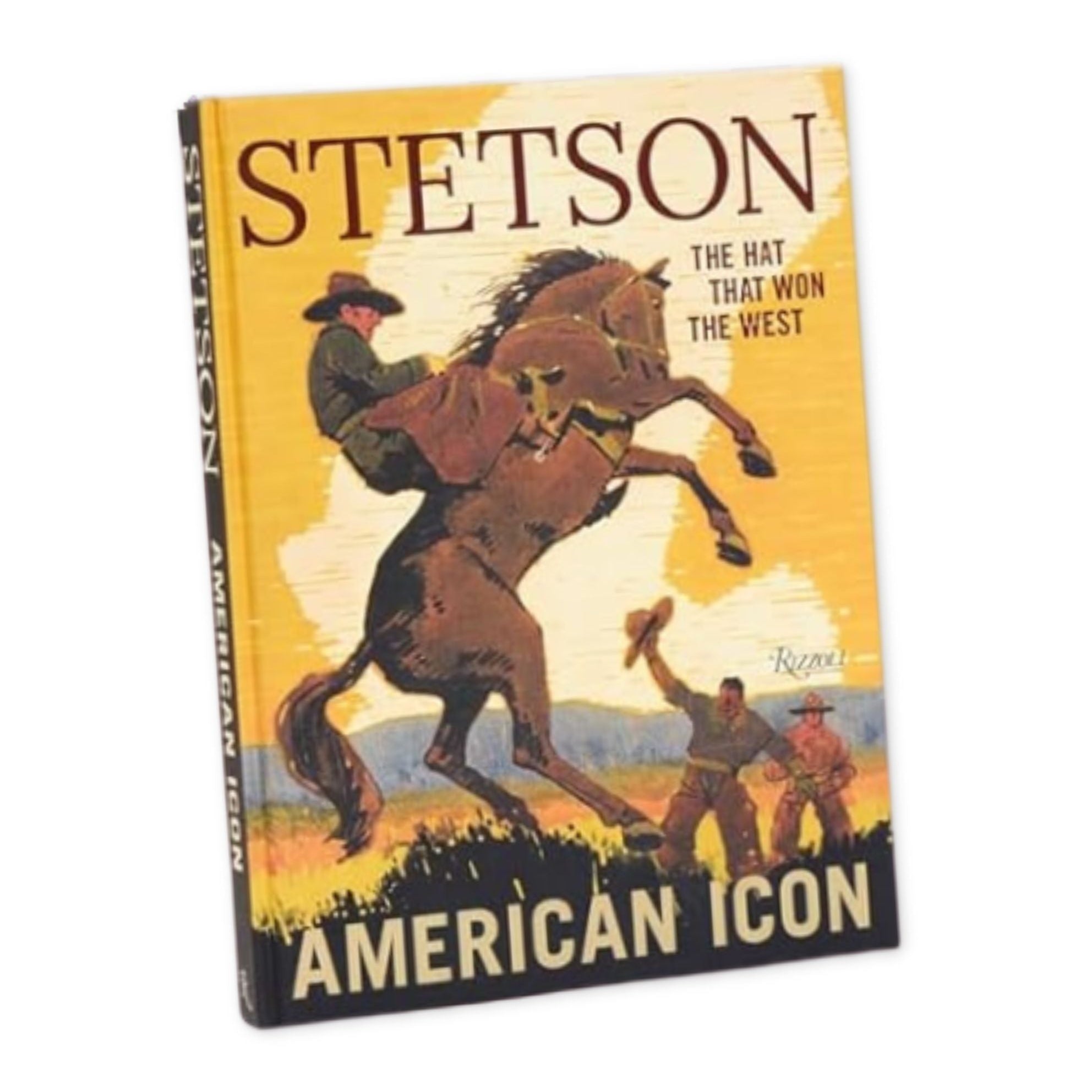 Stetson hat packaging with a cowboy on a horse and text 'American Icon'. Book