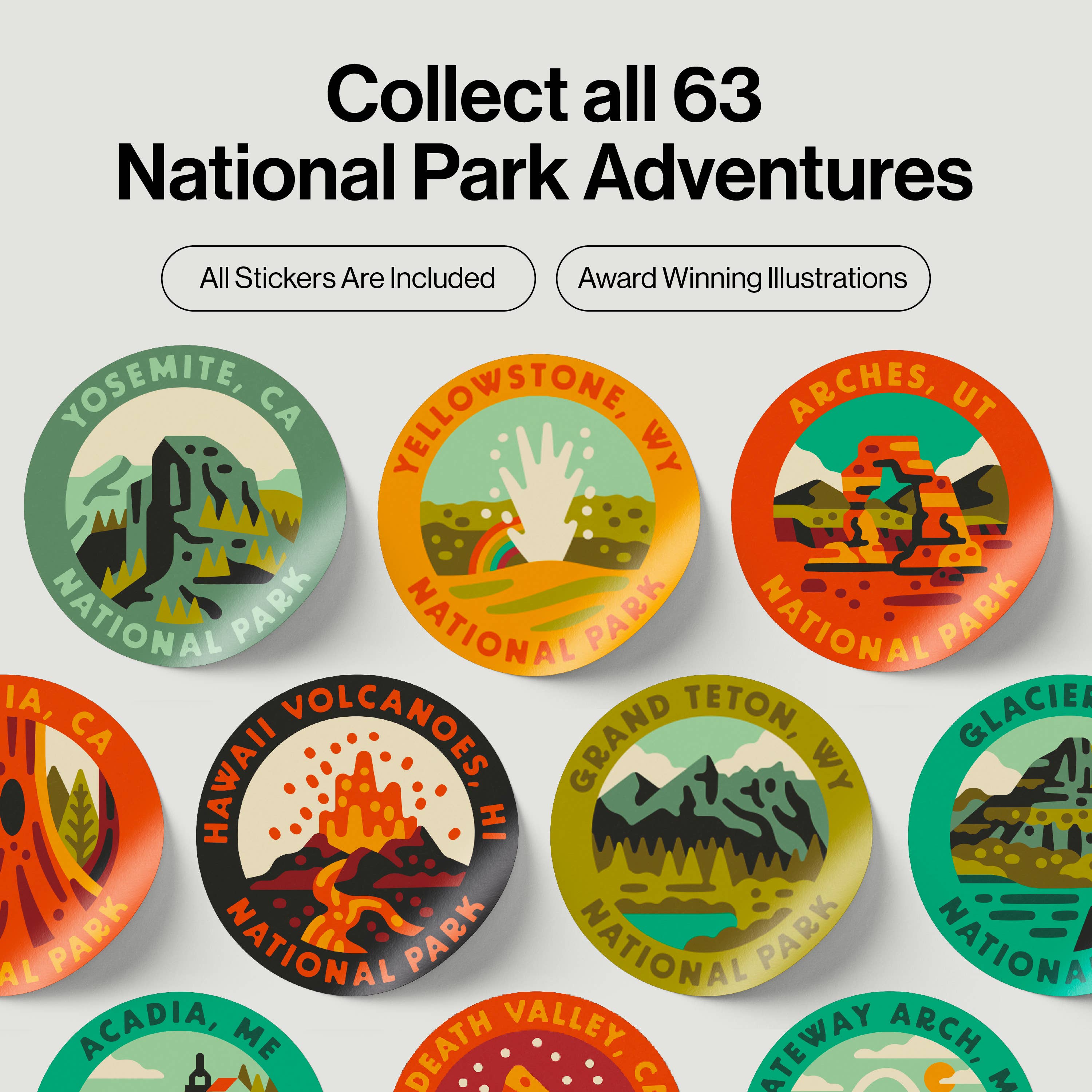 Collection of National Park stickers with illustrations on a light gray background