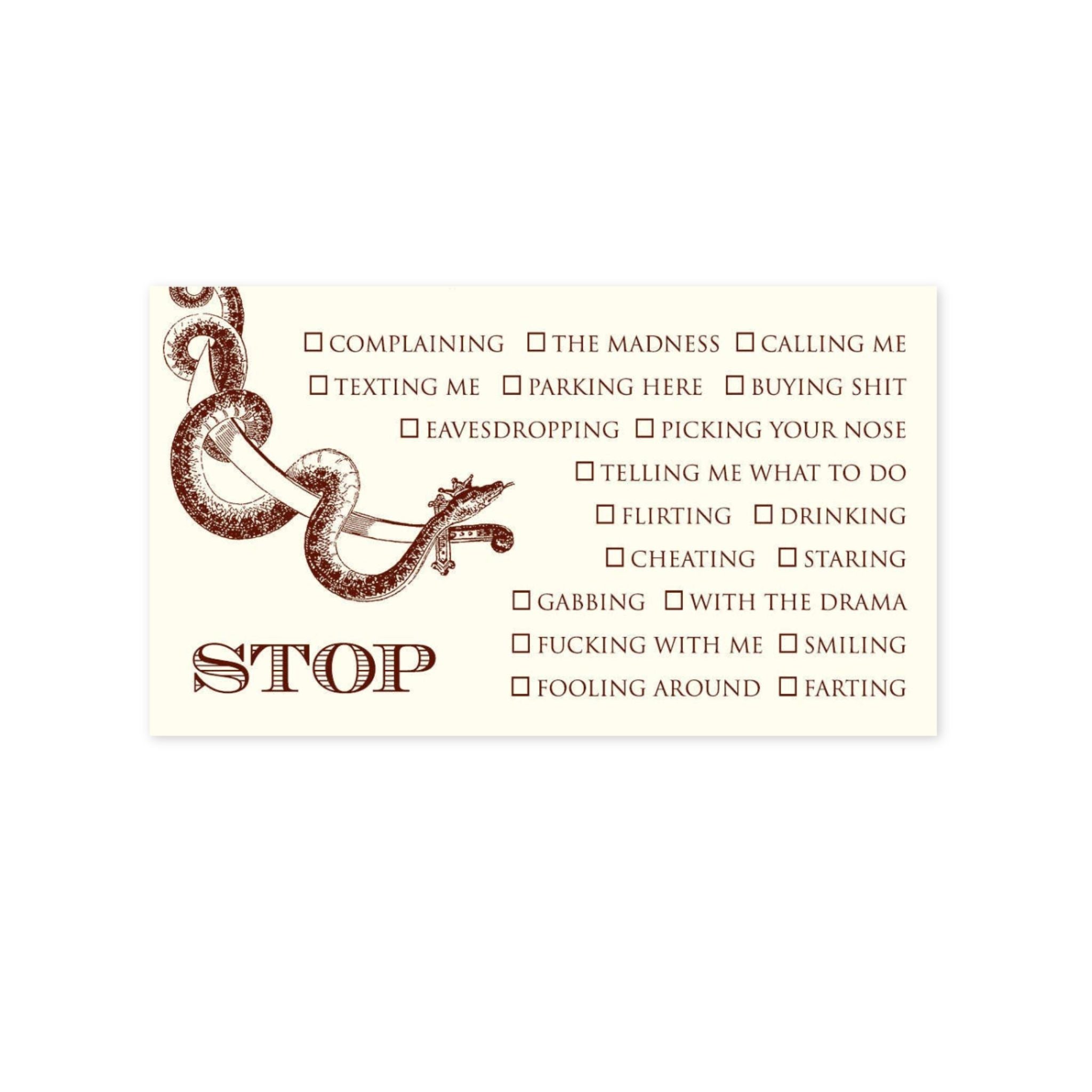 List of behaviors to stop with a snake graphic on a beige background