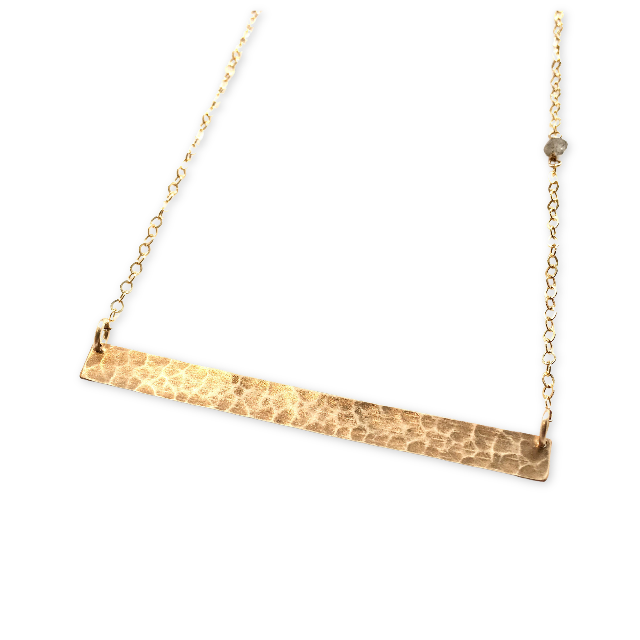 gold necklace with hammered rectangle pendant