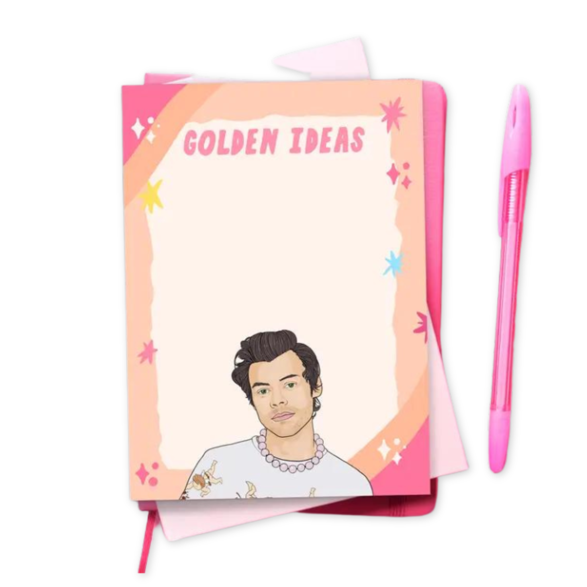 Notepad With Harry Styles face and Golden Ideas written on the top 