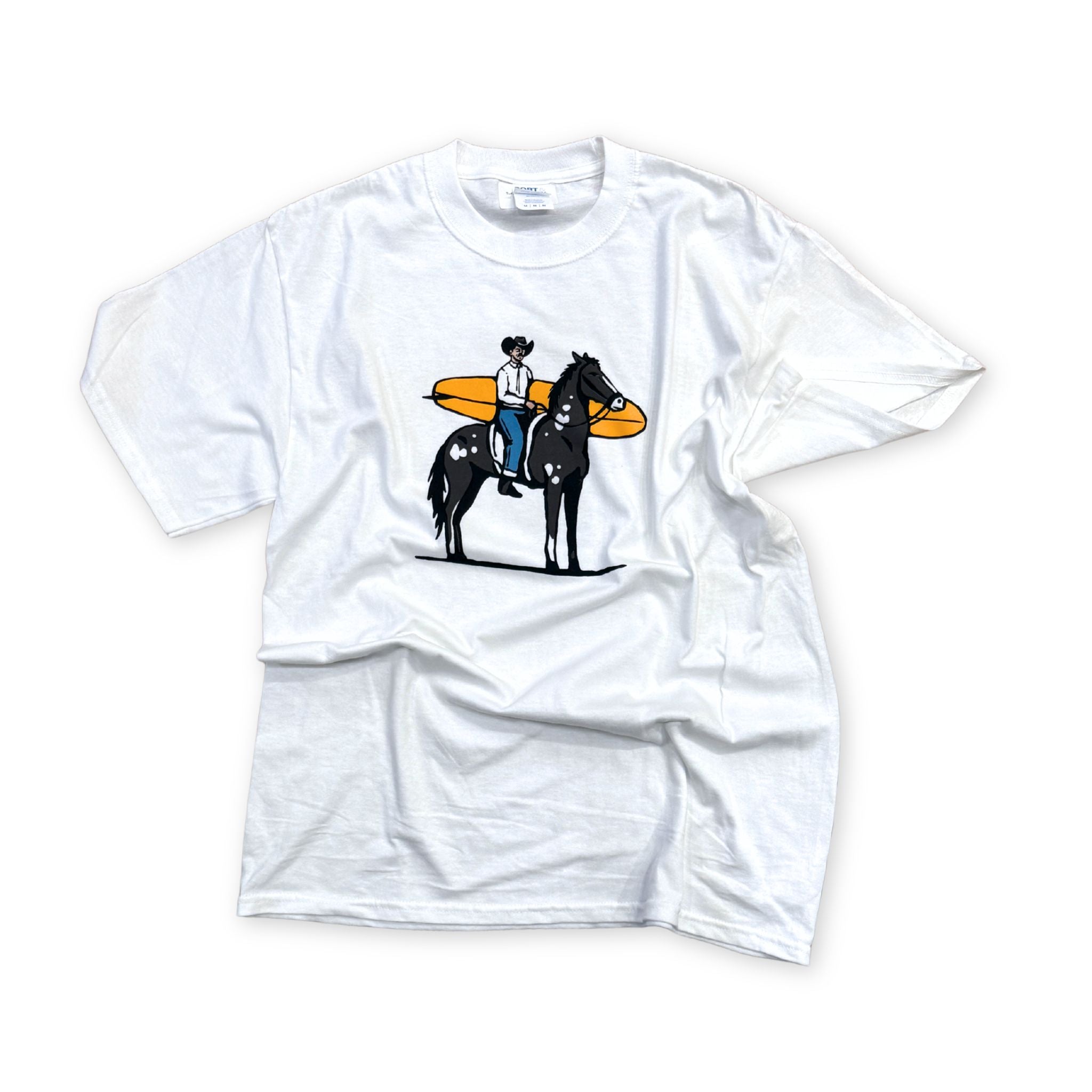 White t-shirt with a cowboy on a horse and a surf board 