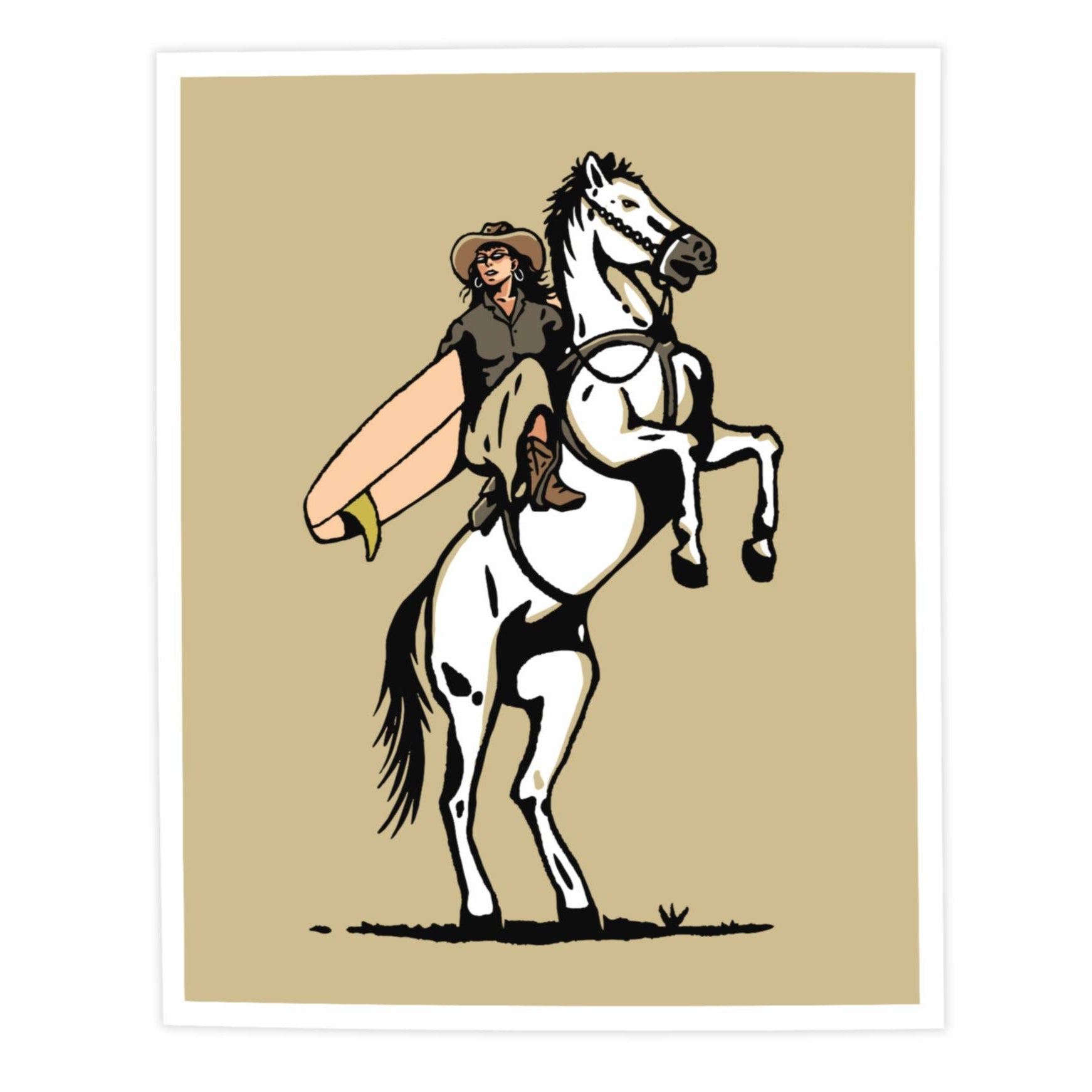 Poster of a woman on a horse with her surfboard
