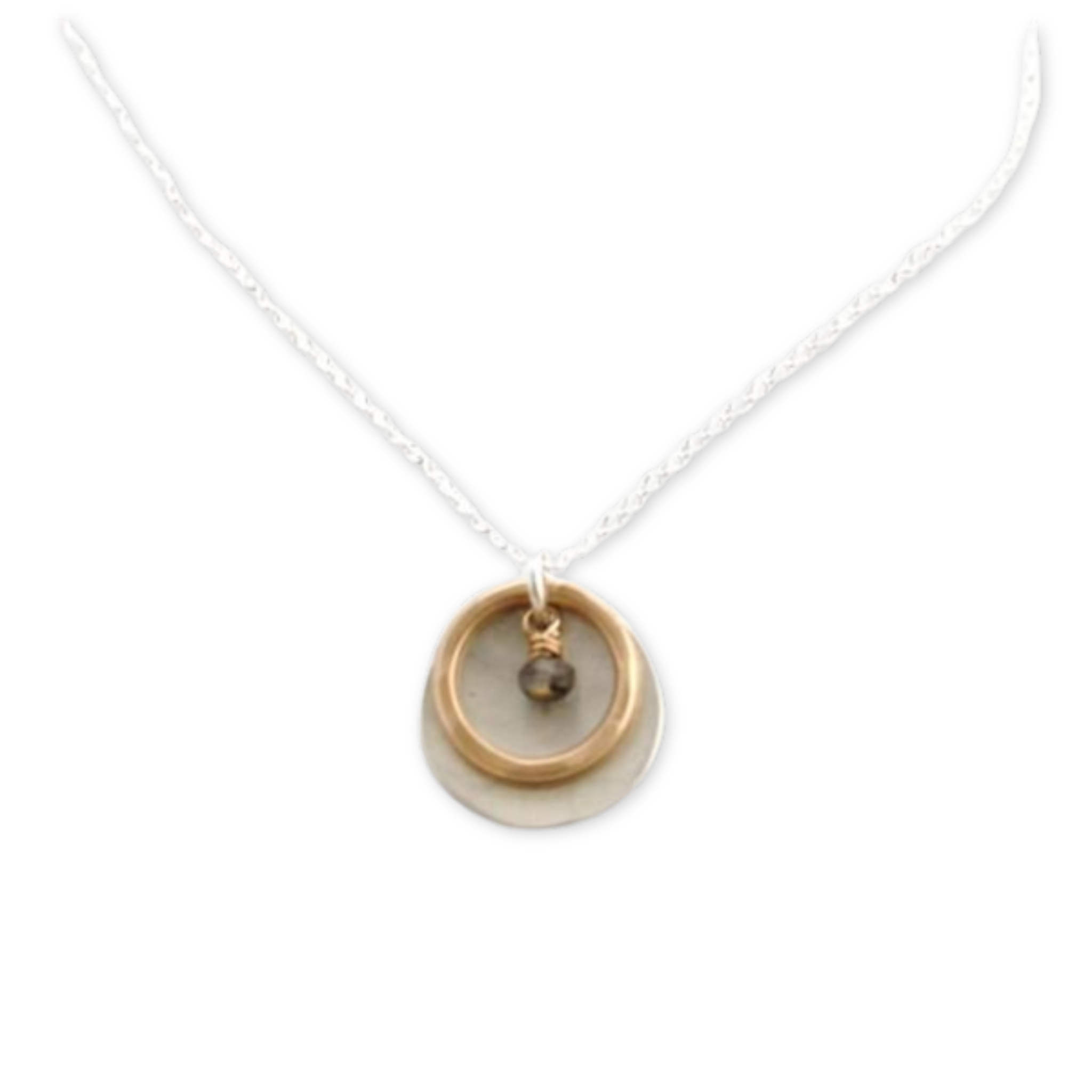round necklace with a disc and hammered circle and labradorite stone pendant on a dainty chain