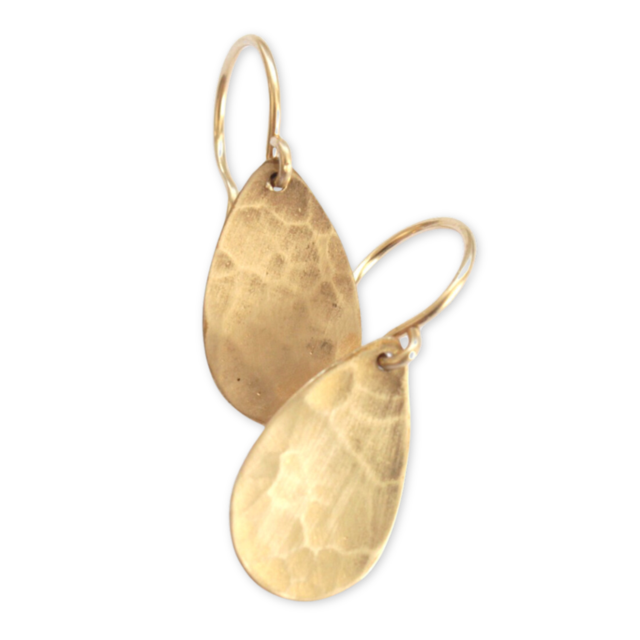 gold hammered earrings in the shape of a tear drop