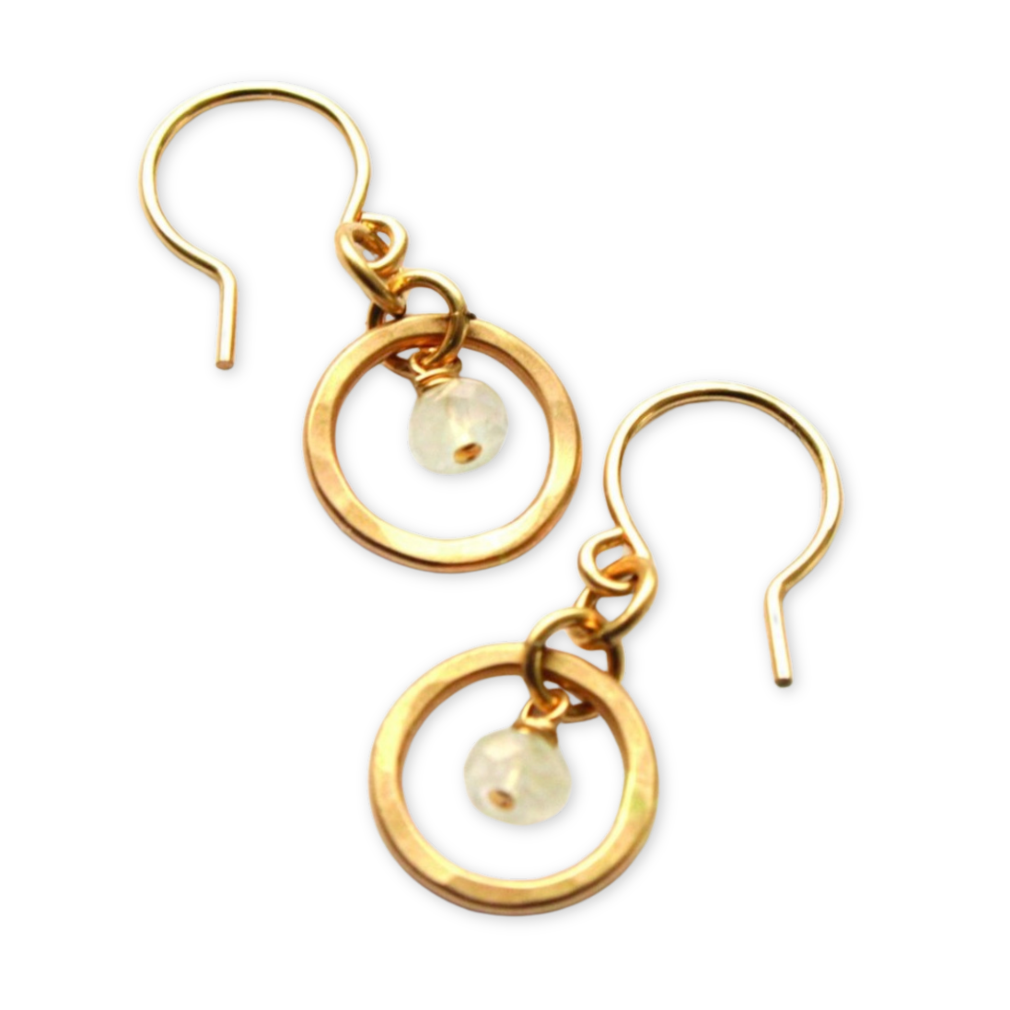 earrings with a small hammered open circle pendant and a small faceted stone dangling stone
