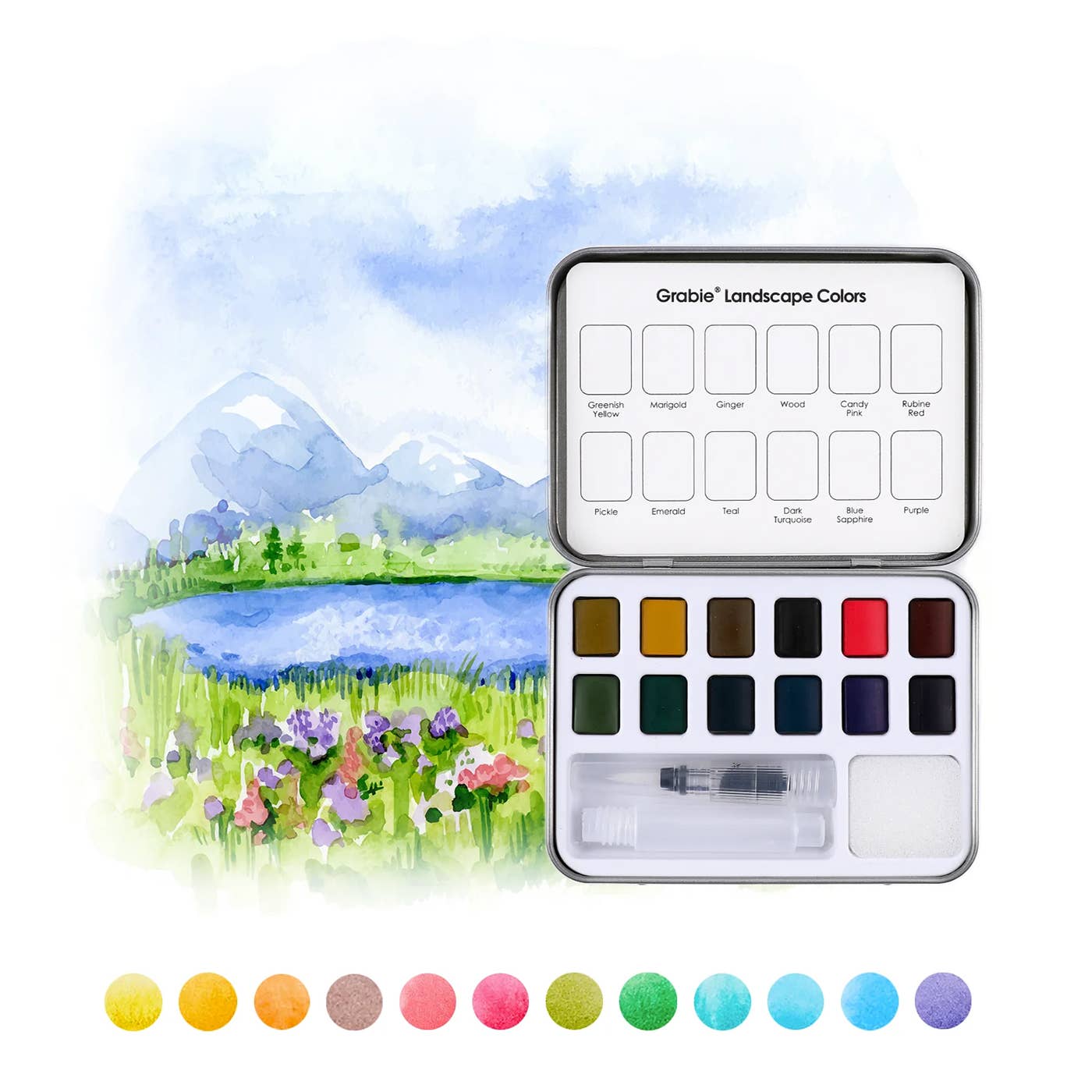 Watercolor paint set with landscape scene illustration on a white background