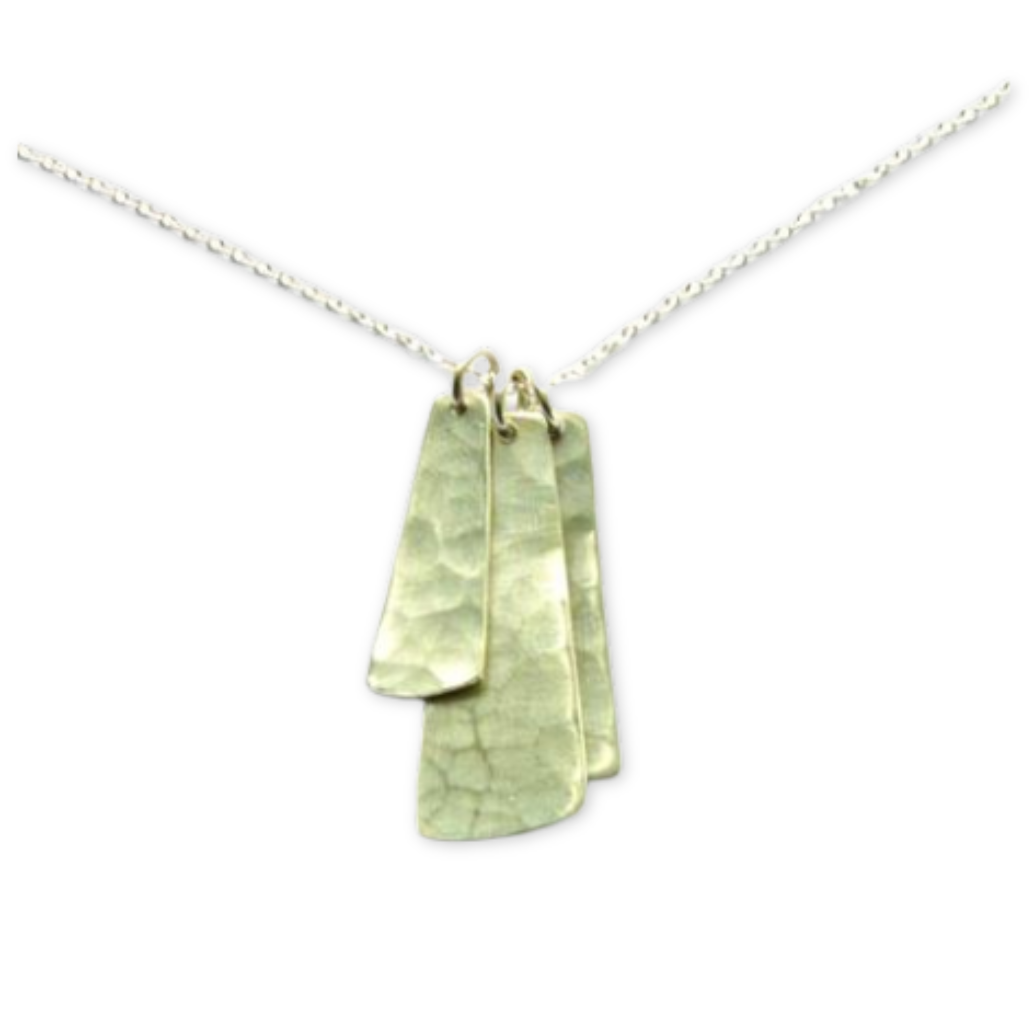 three organic shaped hammered charms hanging from a thin necklace chain