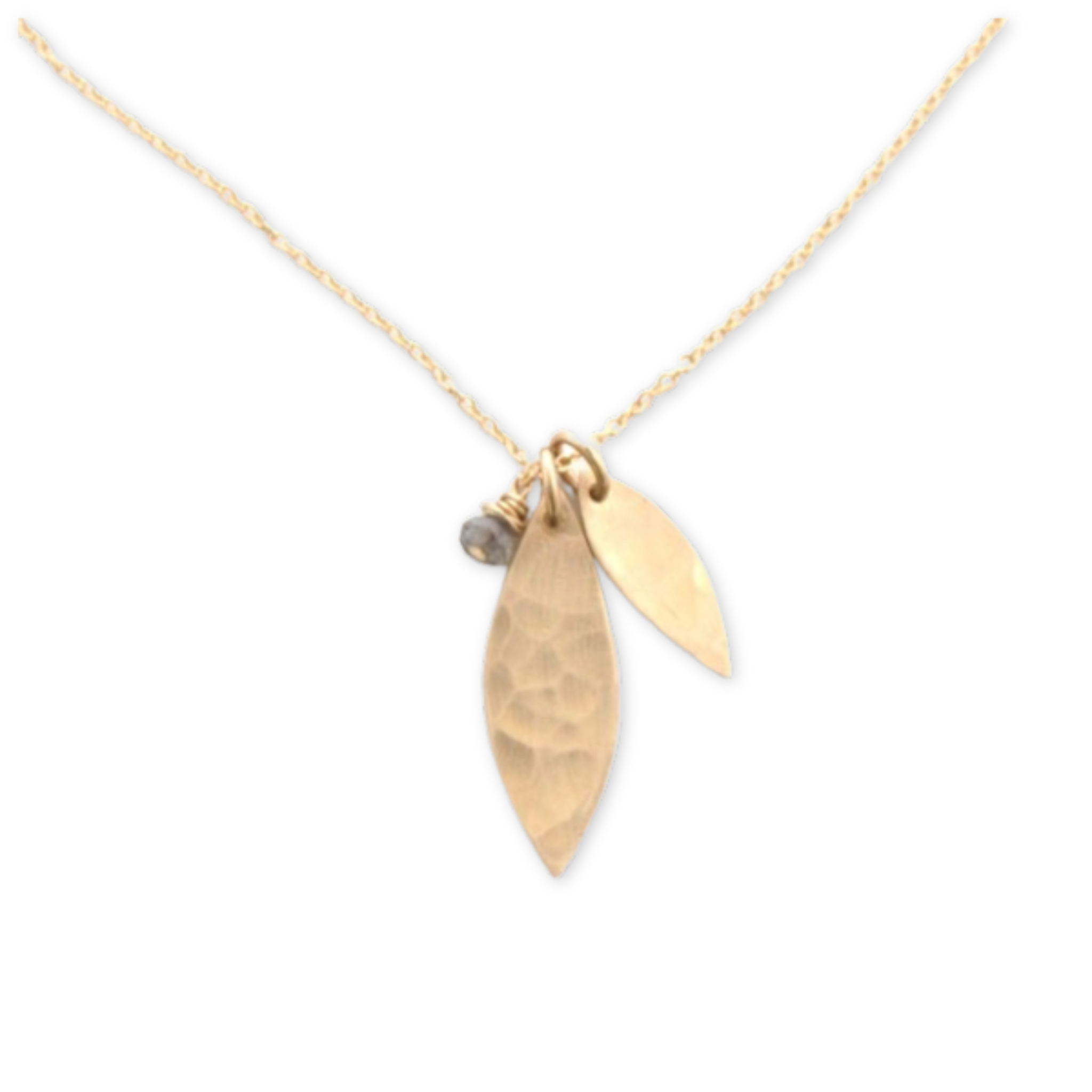 dainty chain necklace with two hammered leaf inspired charms and a small stone