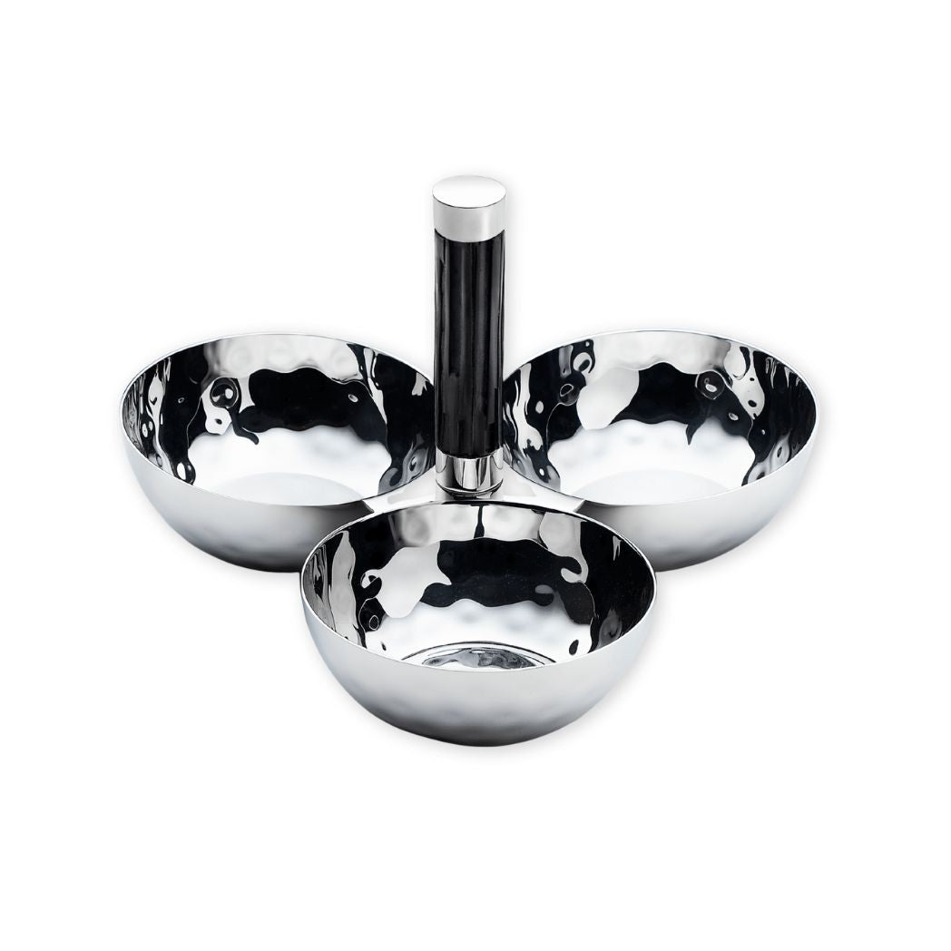 Silver three-compartment bowl with a central handle on a white background