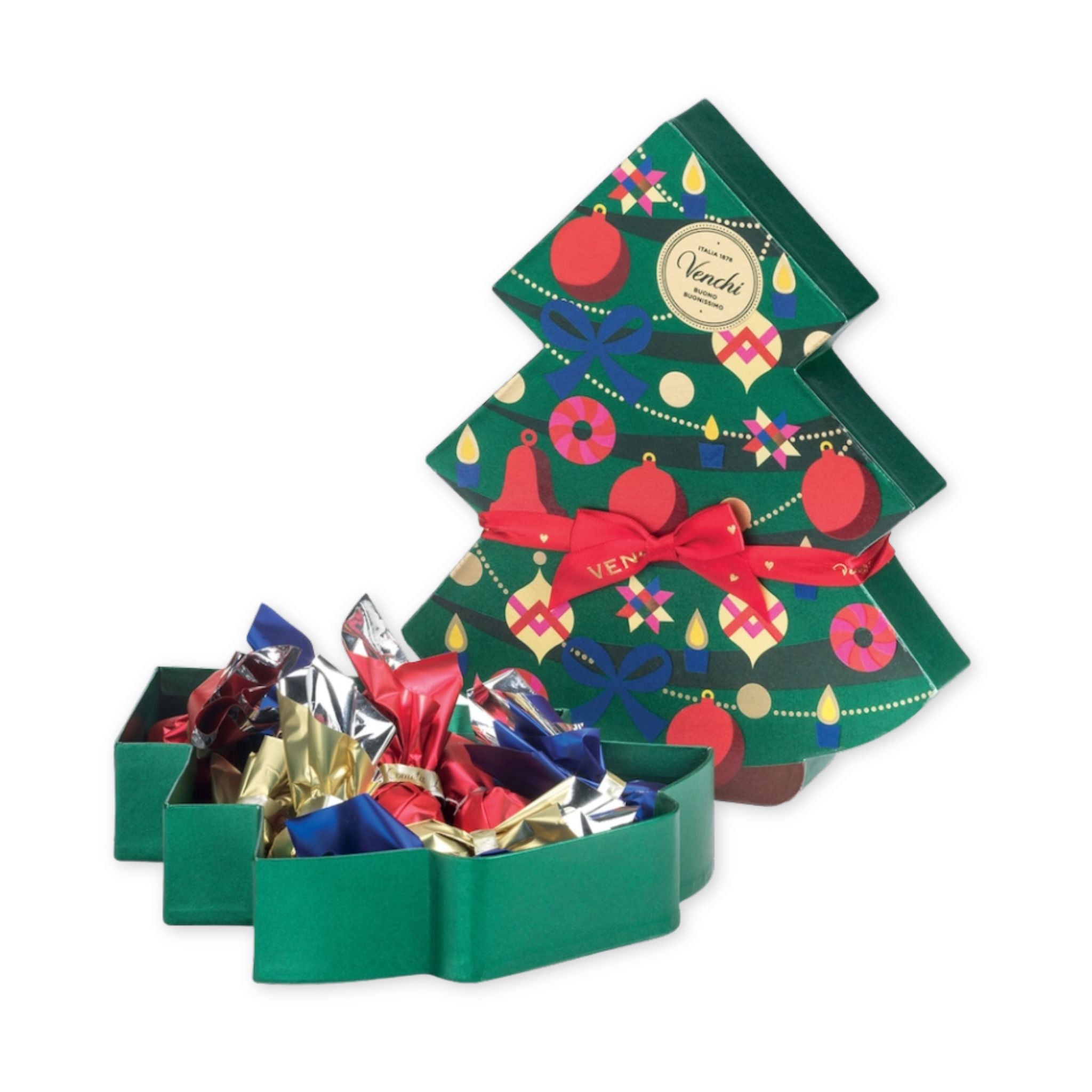 Christmas tree-shaped chocolate box with colorful foil-wrapped chocolates on a white background