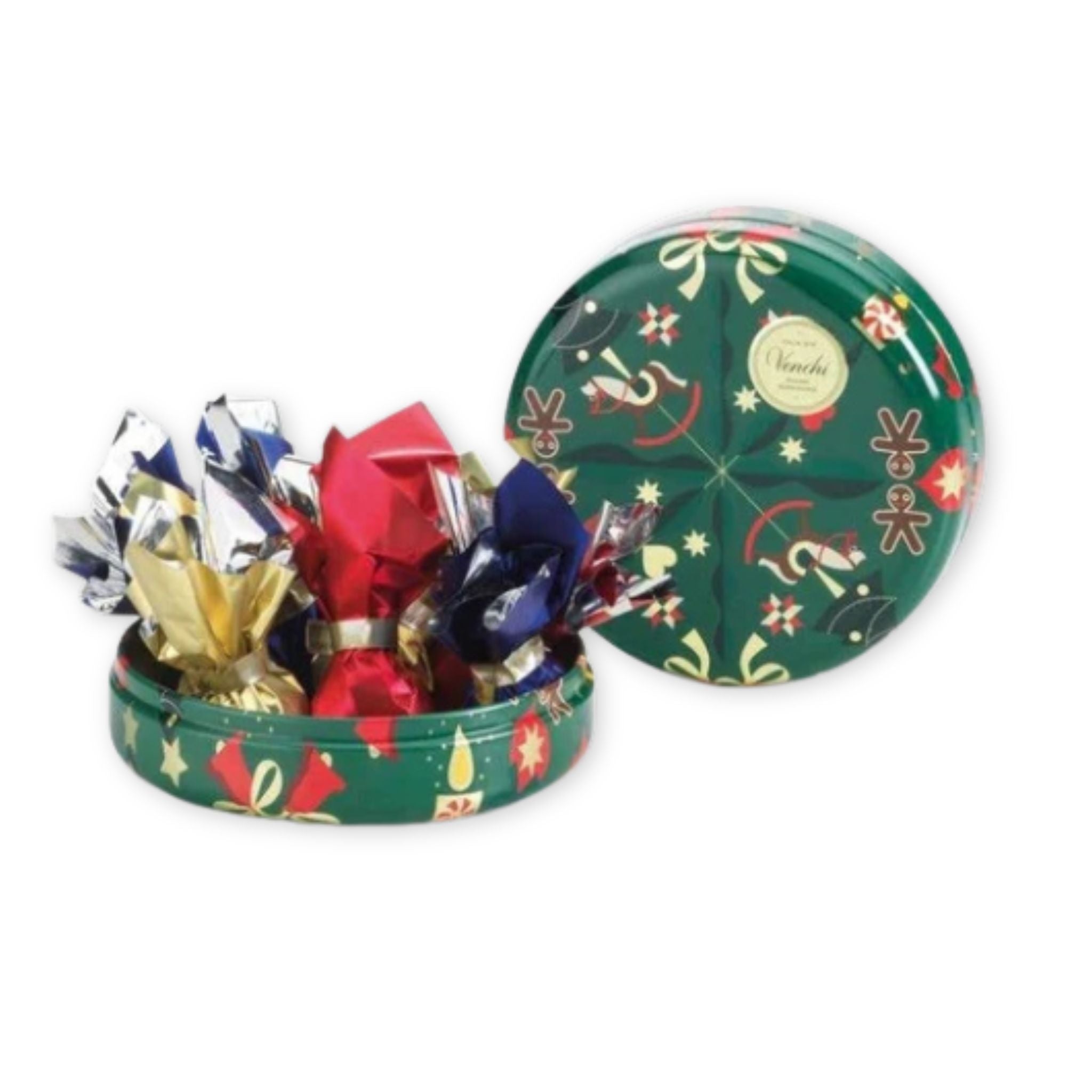 Decorative tin with colorful candy and a festive design on the lid.