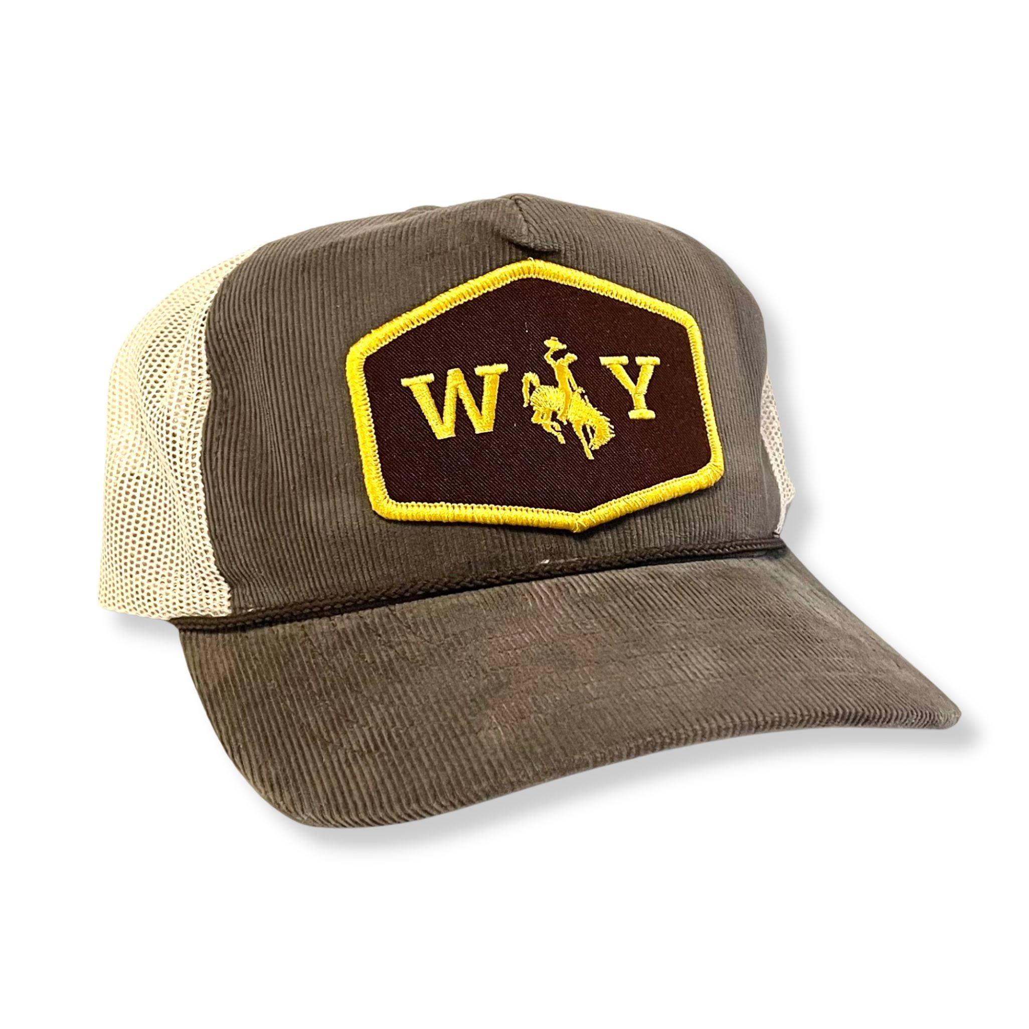 Brown Corduroy Bucking Bronco WY Patch Trucker Hat
